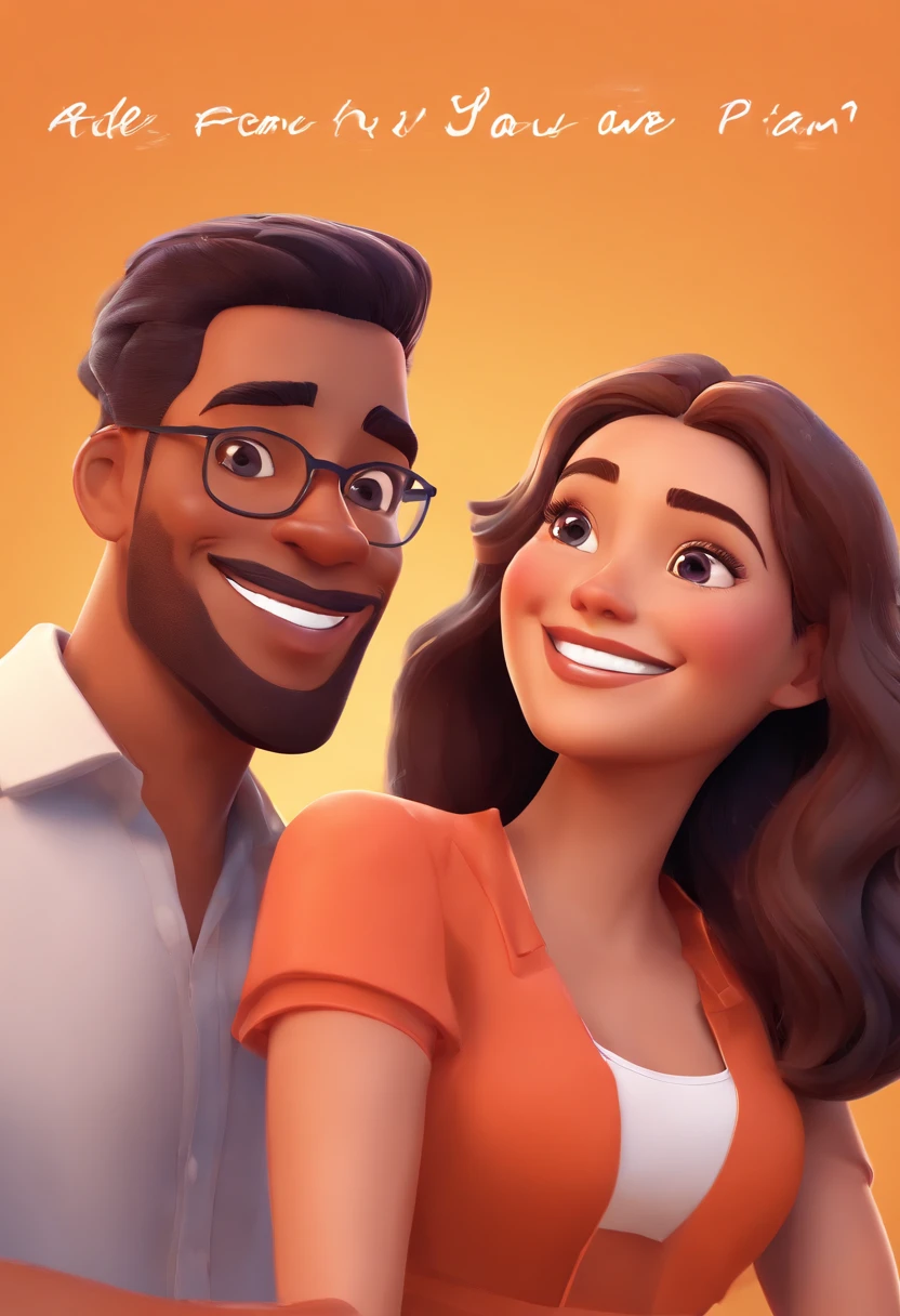An illustration of an adorable couple, Highlight for a chubby mulatto man with glasses smiling and a brunette woman with beautiful expressive eyes - the man's skin is mulatto and the man's hair haswhile the woman's skin is black and the woman's hair is straight and brown. They are a bright room, cada um com um sorriso no rosto, e compartilhar um momento especial caracterizado pelo amor, Insights. Illustrate this scene from a perspective where they are facing the camera, Smiling and Showing Your Connection. Desenvolva esta arte em Full HD, Focus on your cinematic touch, Estilo Disney Pixar Animations