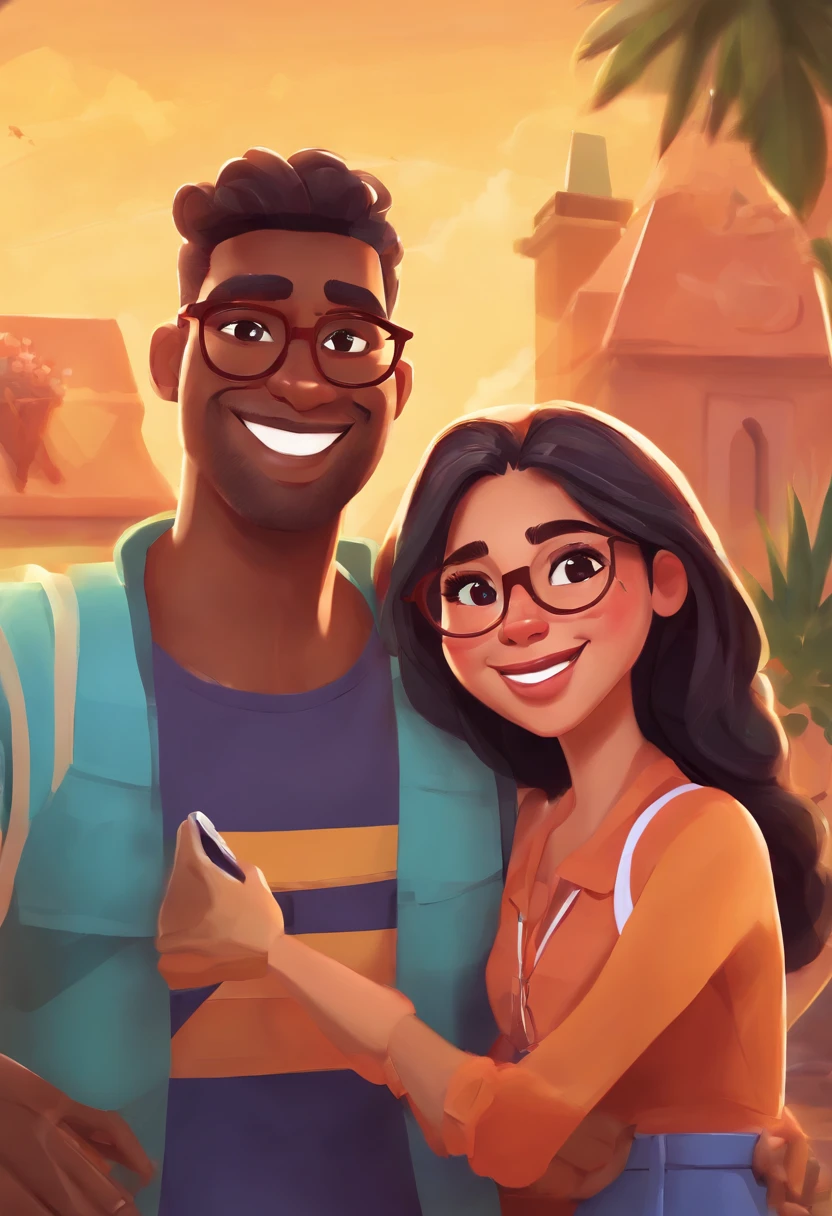 An illustration of an adorable couple, Highlight for a chubby mulatto man with glasses smiling and a brunette woman with beautiful expressive eyes - the man's skin is mulatto and the man's hair haswhile the woman's skin is black and the woman's hair is straight and brown. They are a bright room, cada um com um sorriso no rosto, e compartilhar um momento especial caracterizado pelo amor, Insights. Illustrate this scene from a perspective where they are facing the camera, Smiling and Showing Your Connection. Desenvolva esta arte em Full HD, Focus on your cinematic touch, Estilo Disney Pixar Animations