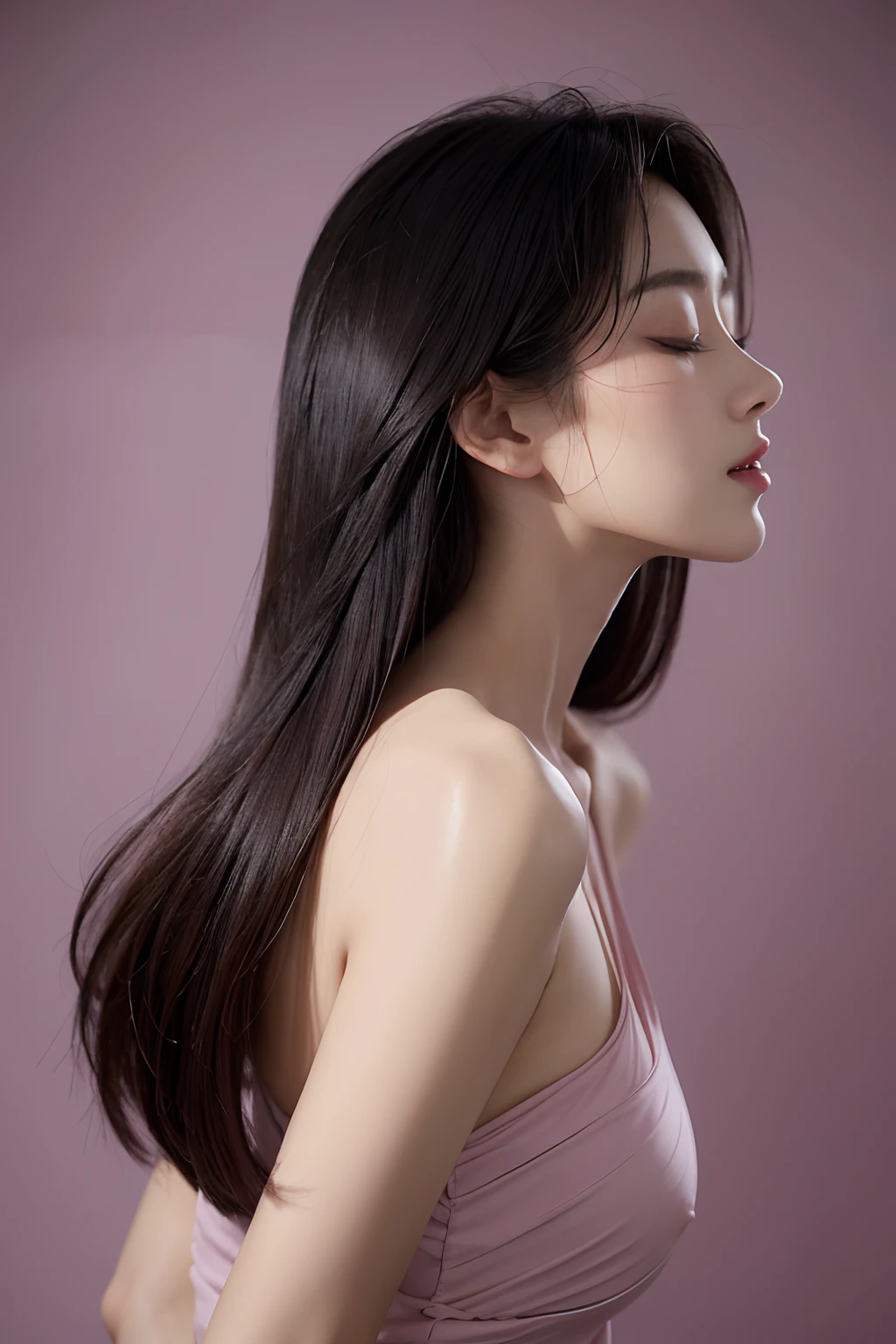 Purple clothes,fond violet,Female Photography, (Photorealistic: 1.4), (Hyperrealistic: 1.4), (Realistic: 1.3), (Smooth lighting: 1.05)(Improve the illumination quality of the film: 0.9), Gentle and beautiful and attractive woman,Sensual and feminine poses,Elegant pink lips, (Open mouth), (Open mouth), (Open mouth), (Closed eyes), profile, Black hair, Shy face, focus onface, Seductive and delicate collarbones, 超高分辨率, soft smooth skin, very realistic details, 超高分辨率, Excellent detail, 8K, attractive collarbone, Sexy shoulders, Reddening cheeks, Eyes closed, mesmerizing expression,