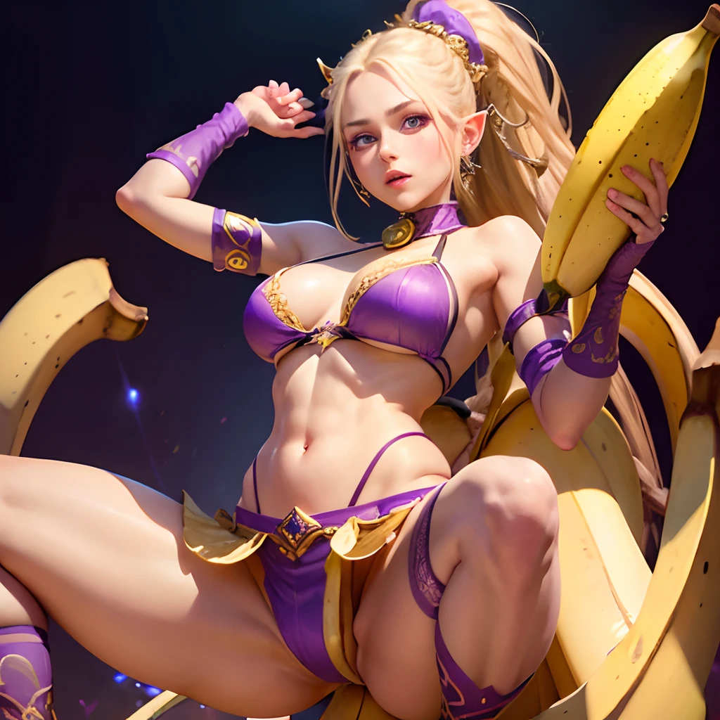 A  girl, violet eyes, ((Holding a huge banana between my legs)), Long loincloth and fancy bra with gold embroidery, blonde woman, hairlong, braided ponytail, pointed ears, mouth open. Hands raised.