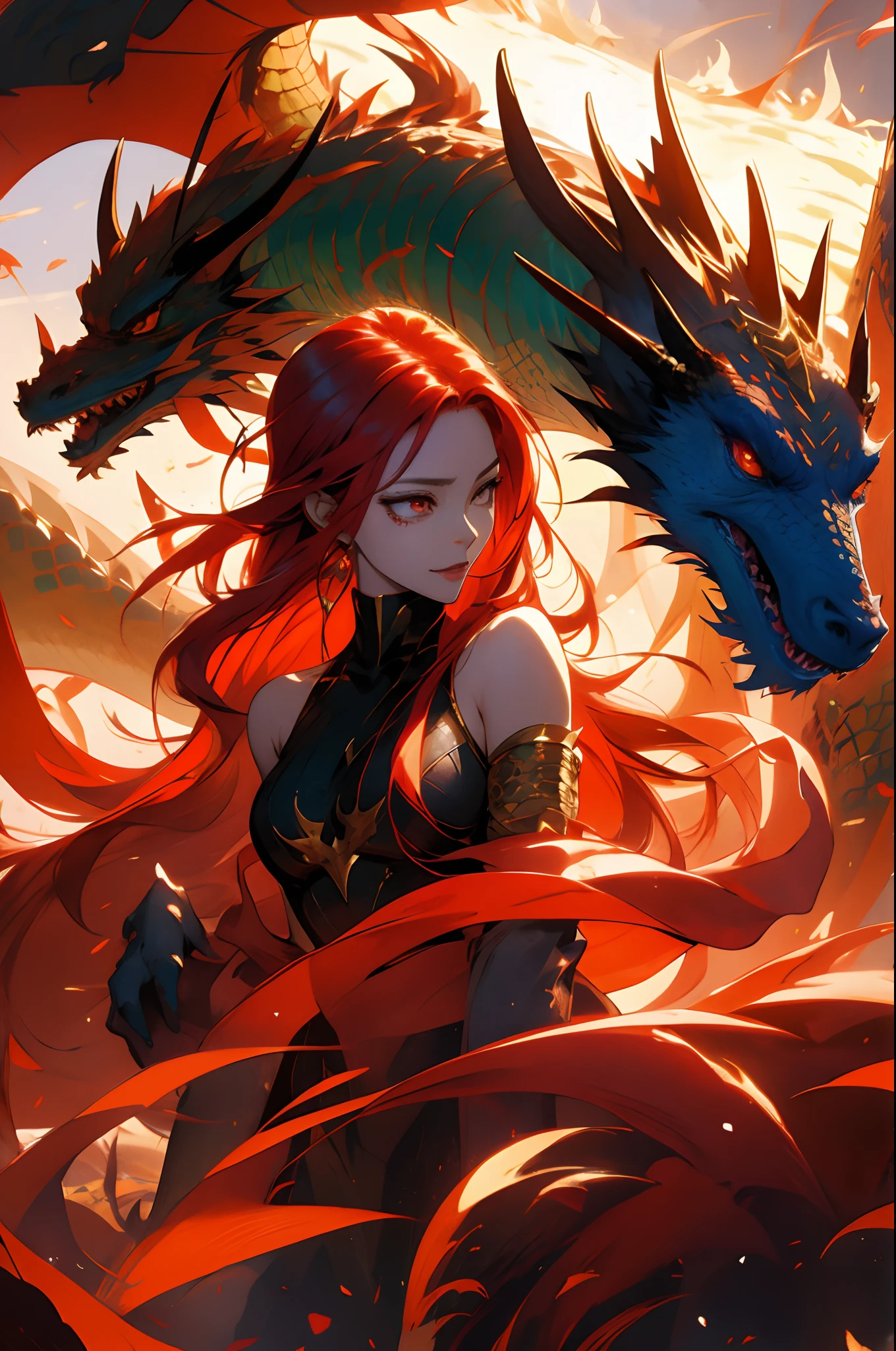 Anime girl with red hair and wings in a desert environment, Dragon girl, Dragon Queen, queen of dragons, Portrait of the Dragon Woman, by Yang J, a beautiful succubus, Detailed digital anime art, detailed anime art, Anime fantasy illustration, Epic fantasy art style, Detailed anime artwork, human and dragon fusion, Anime fantasy artwork, Dragon in the background, Anime epic artwork