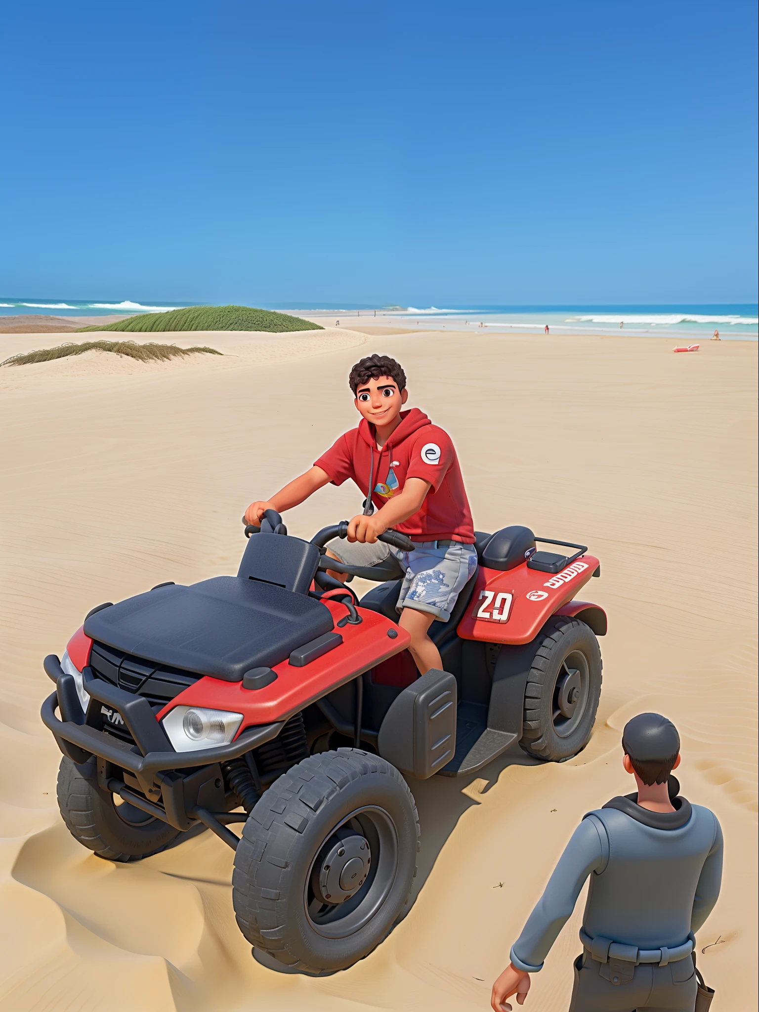 Um jovem andando de bug na praia em meio a muitas dunas de areia e com sorriso no rosto