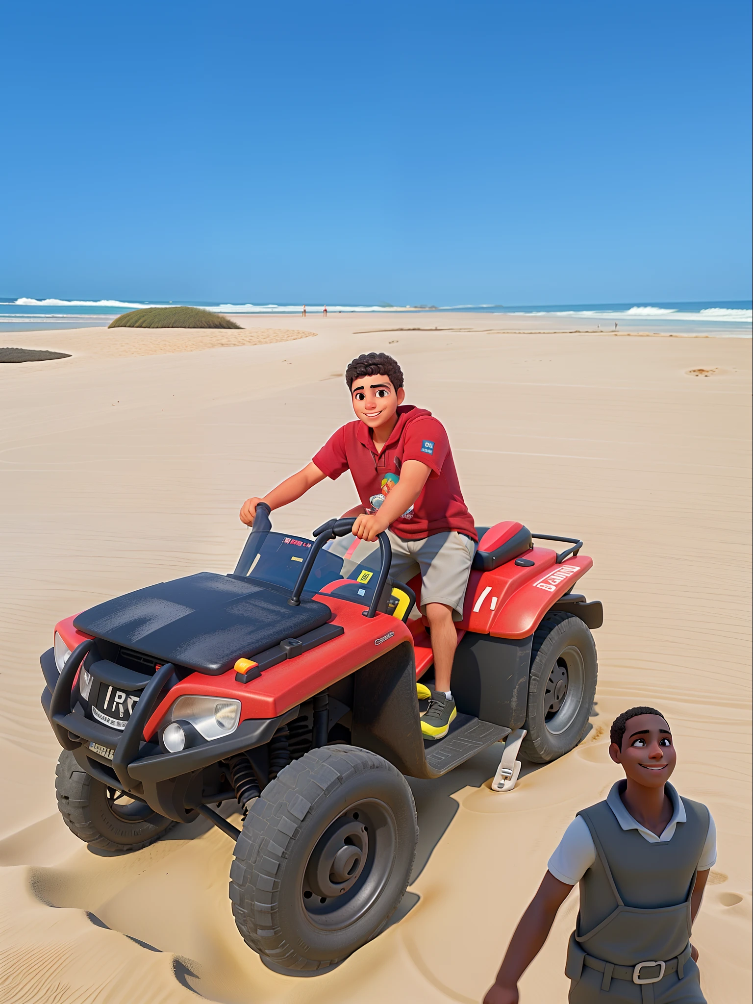 Um jovem andando de bug na praia em meio a muitas dunas de areia e com sorriso no rosto