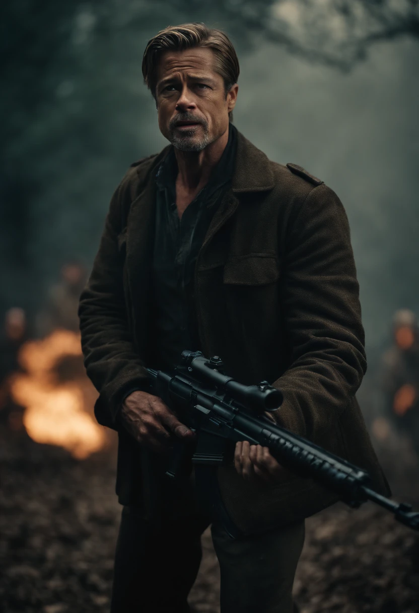 A fifty-year-old man who looks a lot like Brad Pitt is holding a machine gun and shooting at a lot of zombies