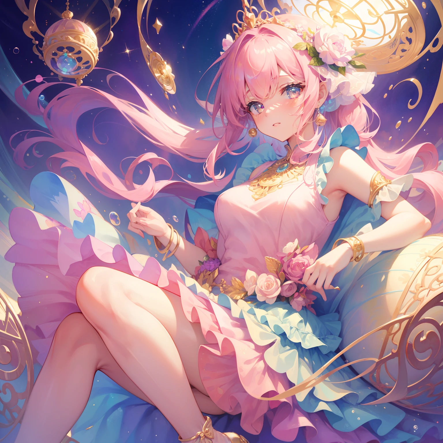 masterpiece, best quality, 8k resolution, sharp focus, intricate detail, beautiful girl, sparkling eyes, golden ratio face, otherworldly liquid, watercolor, pastel pink colors, bright pink colors, whimsical, colorful, sharp focus, high resolution, fine detail, ((layered tiered puffy sleeveless ballgown)), ((round eyes)), legs, iridescent bubbles, lavender background