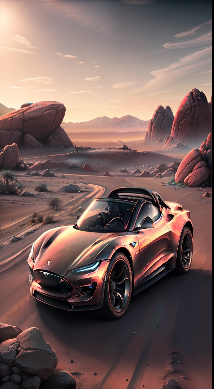 arafed sports car in a desert with rocks and a sky background, roadster, tesla, futuristic product car shot, tesla dune buggy, by Kurt Roesch, musk ( 2 0 2 4 ), concept car, hyper real render, render of futuristic supercar, musk's mars migration program, hyper realistic ”, hyper realistic”, beeple. octane render, by Alexander Robertson