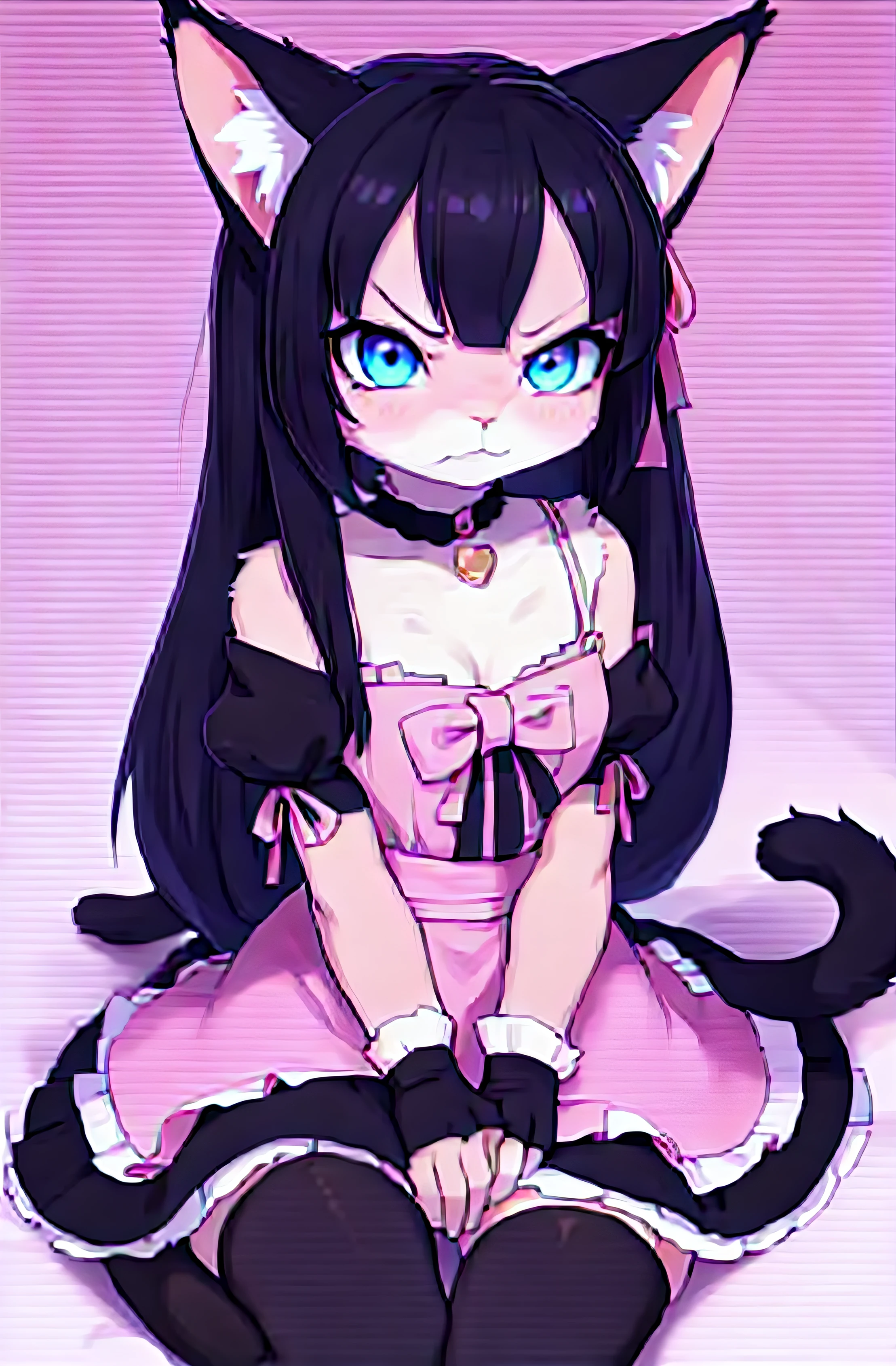 Anime girl with black hair and pink dress sitting on bed, anime cat girl in a maid costume, cute anime catgirl, Very Beautiful Anime Cat Girl, anime catgirl, very beautiful cute catgirl, beautiful anime catgirl, loli in dress, Anime girl with cat ears, attractive cat girl, anime moe art style, Cat Girl, anime cat, ((((Angry look)))),Eyes are blue,Looking at the front
