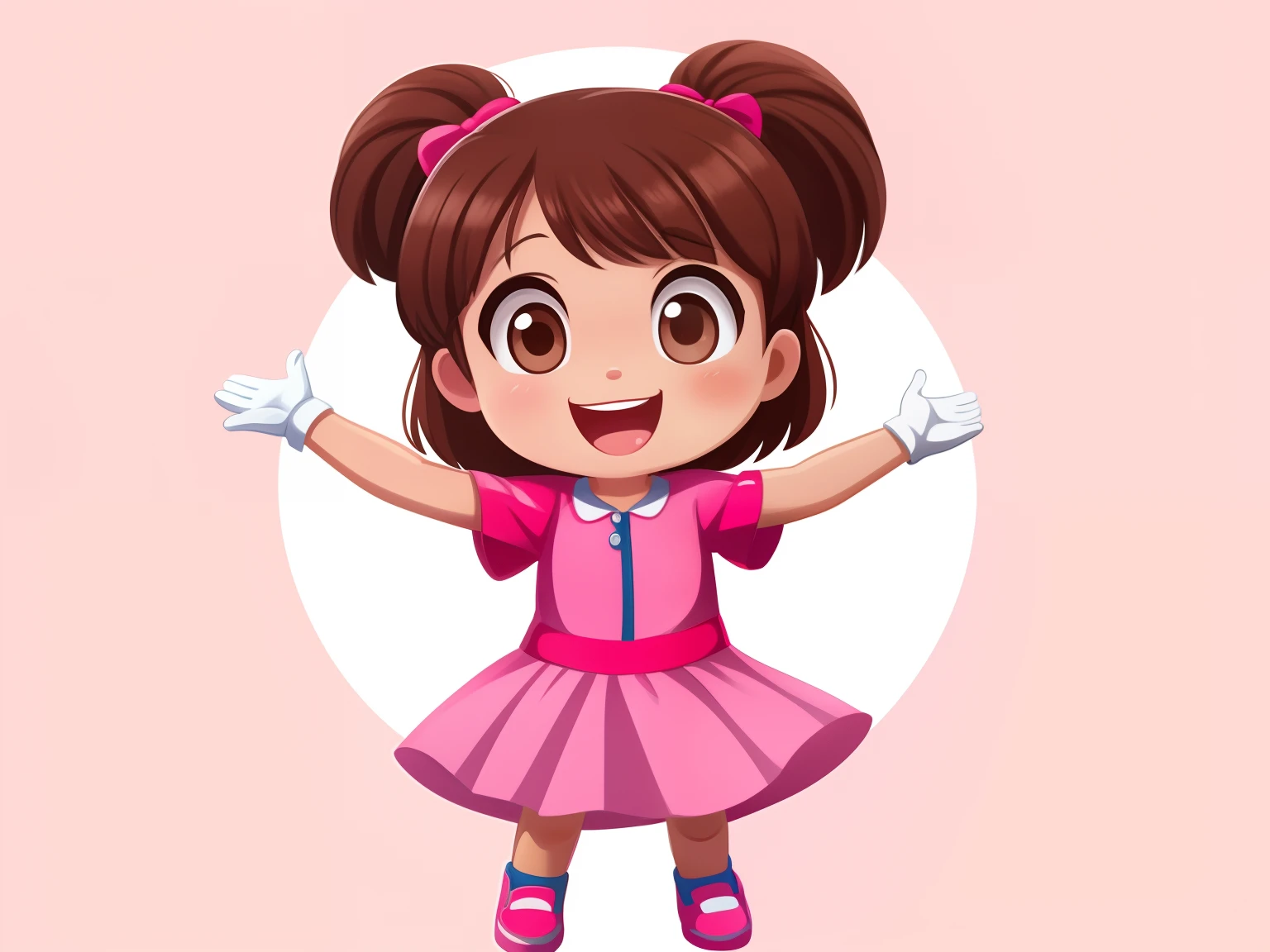 Frontal image of a 5 year old girl, standing, happy, with brown hair, brown eyes, rosy cheeks, open arms, legs apart, clean background, pink clothes, white gloves, pink shoes, 2D children's illustration style.