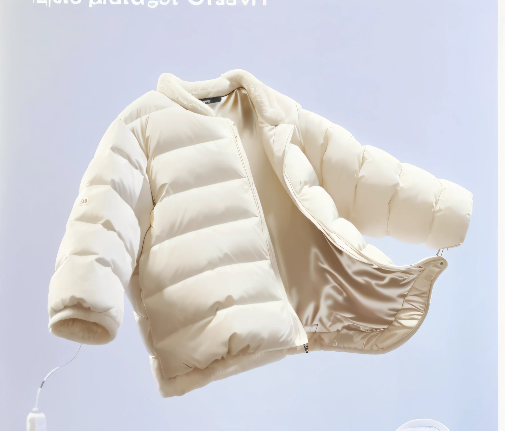 (Best quality,4K,8K,A high resolution,Masterpiece:1.2),Ultra-detailed,(Realistic,Photorealistic,photo-realistic:1.37),A white jacket hanging on a hanger, Padded cotton coat, thick lining, down jacket, soft - warm, Futuristic inflatable jacket, High details, Soft and comfortable, Fashionab, White down jacket, High details, highly fashionable, toddlers, Clothing from the future, High details, Cotton coat, Full clothing, soft warm light, Official product image