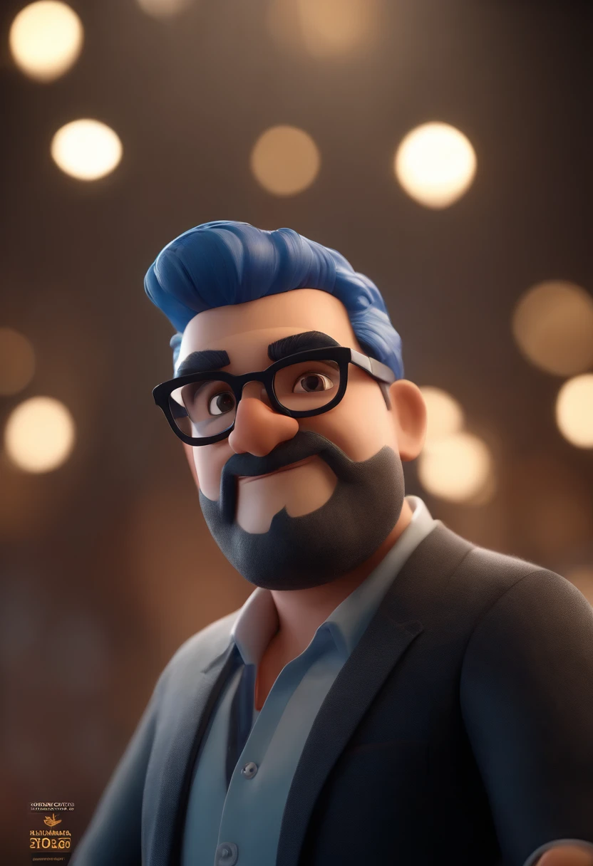 Cartoon character of a man wearing black glasses and a blue shirt, um personagem animado, Caractere estilizado, animation style rendering, 3D estilizado, Arnold Maya render, 3 d render stylized, toon render keyshot, Personagem 3D, Personagem 3D, 3d rendering stylized, 3 d character render, personagem de desenho animado, Personagem de close up, Pose de personagem, (Estilo Pixar) (master part:1.2) (Bokeh) (best quality) (pele detalhada) (textura detalhada) (8k) (argila) (Cinematic lighting) (foco nítido，Senta e vaza a parte superior do corpo