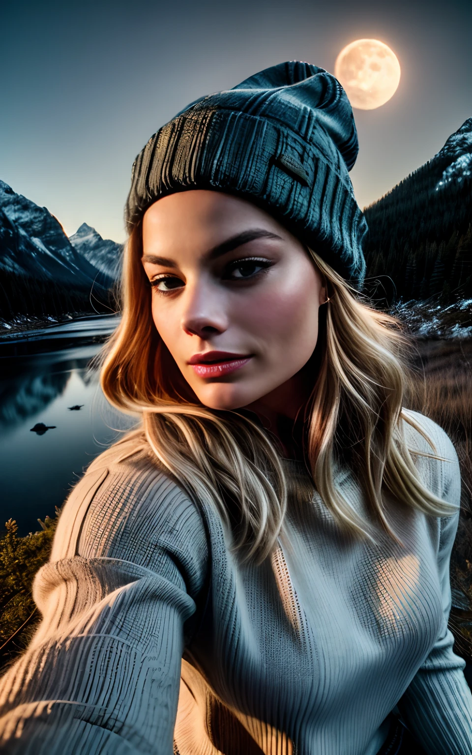 Margot Robbie, photorealistic, best quality, hyper detailed, beautiful woman, selfie photo, upper body, solo, wearing pullover, outdoors, (night), mountains, real life nature, stars, moon, (cheerful, happy), sleeping bag, gloves, sweater, beanie, flashlight, forest, rocks, river, wood, smoke, fog, clear sky, analog style, looking at viewer, skin texture, film grain, close up, ultra high res, best shadow, RAW, instagram LUT