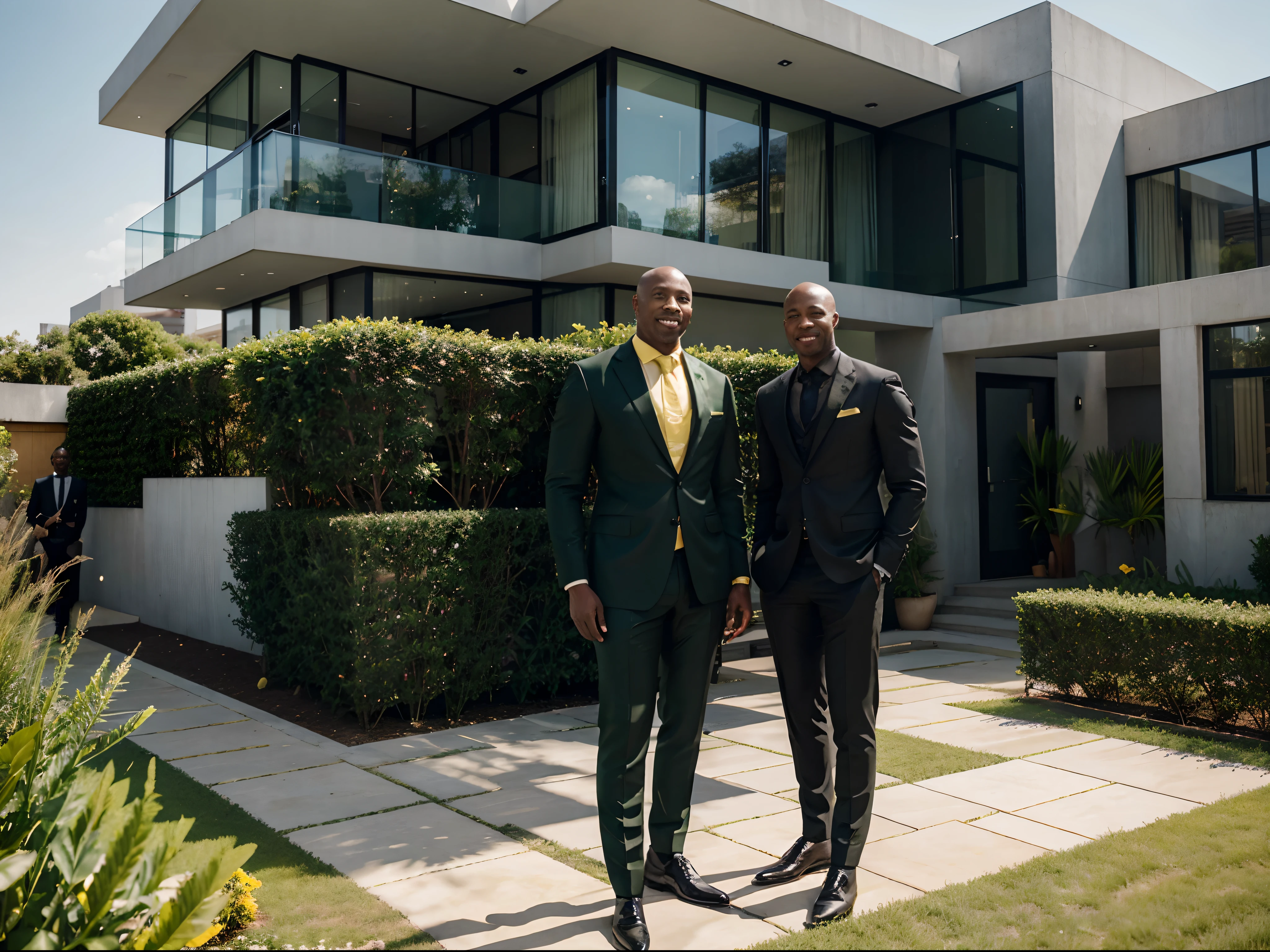 realistic modern two storey office building with the logo Mohale&Mohale on the wall. green and gold color scheme, big garden landscape, with one beautiful black lawyer and one handsome black male lawyer in black suits standing outside in the garden smiling, 4K, wide angle, stunning.