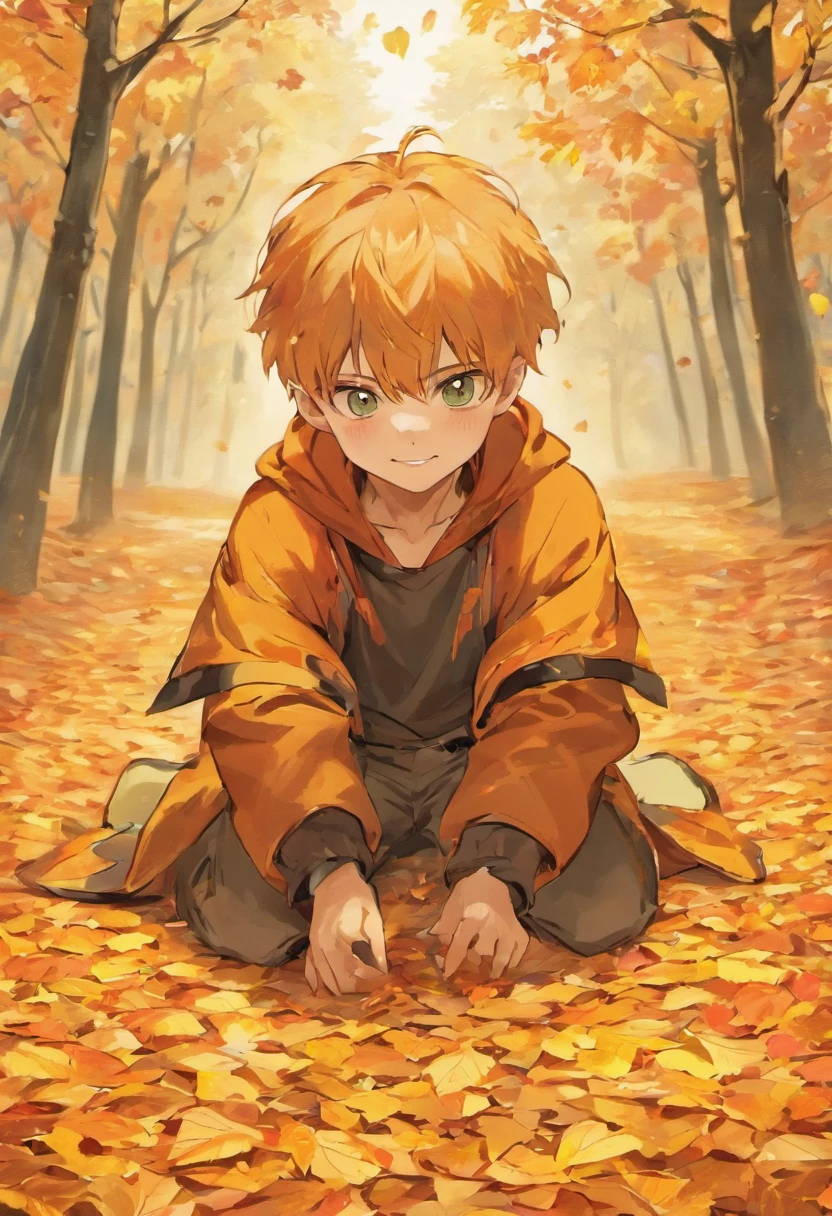 high-level image quality,Autumn foliage background,Male child,Collecting leaves,A big smile,supple feet