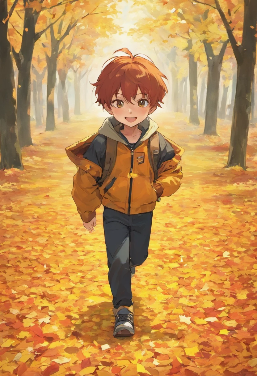 high-level image quality,Autumn foliage background,Male ,Collecting leaves,A big smile,supple feet