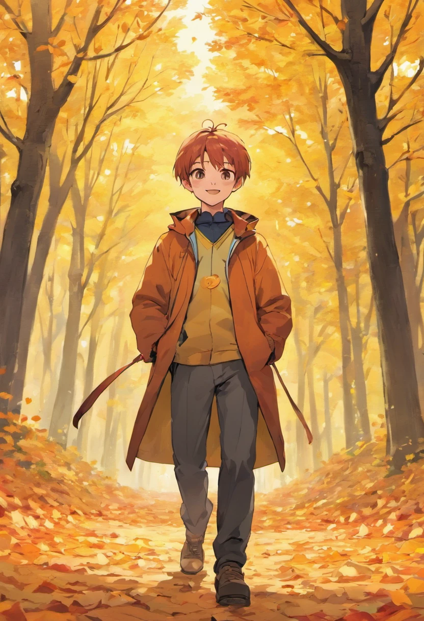 high-level image quality,Autumn foliage background,Male child,Collecting leaves,A big smile,supple feet