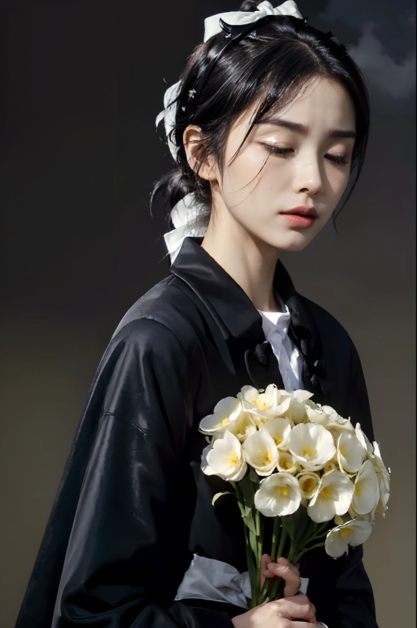 (shoulder length straight short hair: 1.2),(black hair:1.3),(Extremely meticulous CG 8k wallpaper），（Extremely refined and beautiful），（Masterpiece:2.0），（best qualtiy：2.0），（Ultra High Resolution：1.0），beautiful light up，Perfect lightning，realistic shaded，[A high resolution],(Smooth and flawless fair skin:1.5),Extremely exquisite facial details,(perfect body：1.1），ultra - detailed,A beautiful girl,small head,(very short ponytail:1.2),(Small breasts:1.1)，Flat chests，slim，thin,(Sad:1.3), (solemn:1.2),(Crying:1.2), (tears:1.3),(black coat:1.5),(white collared shirt),standing,Outdoor,(in a vast square:1.5),(Holding yellow and white flowers in arms:1.0),(dark cloudy day:1.3),Portrait photo,(close-up of upper body:1.3),sideview,from behind,(close eyes:1.2),(Bow head down:1.5),Devout silence