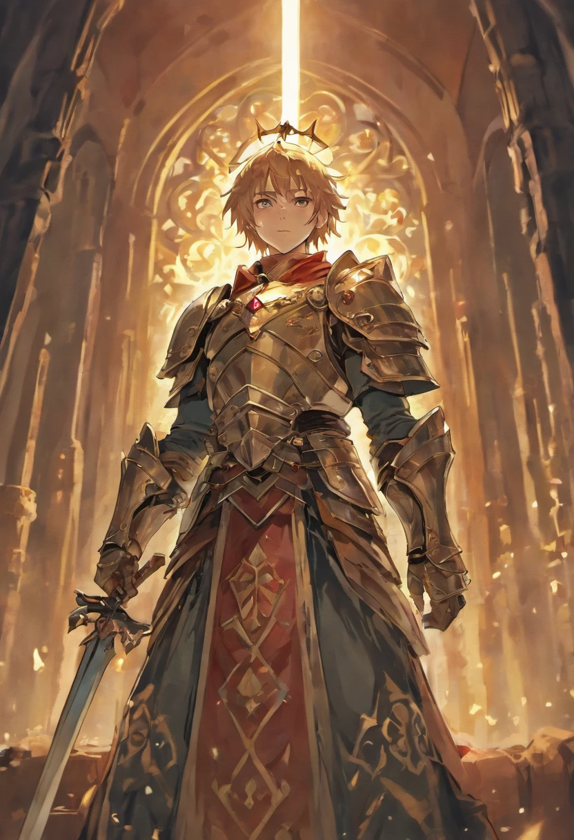 (best quality), (anime art style), Medieval knight, medieval knight helmet, light coming from armor, holding a glowing sword, beam of light surrounding the knight