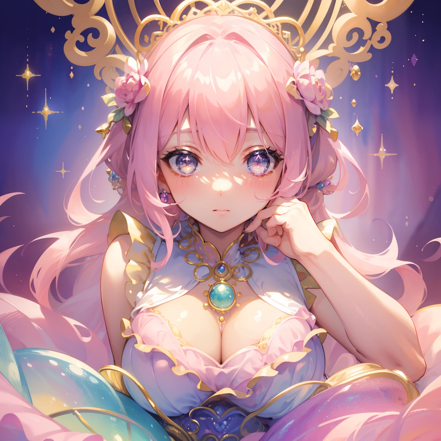 masterpiece, best quality, 8k resolution, sharp focus, intricate detail, beautiful girl, sparkling eyes, golden ratio face, otherworldly liquid, watercolor, pastel pink colors, bright pink colors, whimsical, colorful, sharp focus, high resolution, fine detail, ((layered tiered puffy sleeveless ballgown)), ((round eyes)), iridescent bubbles, lavender background