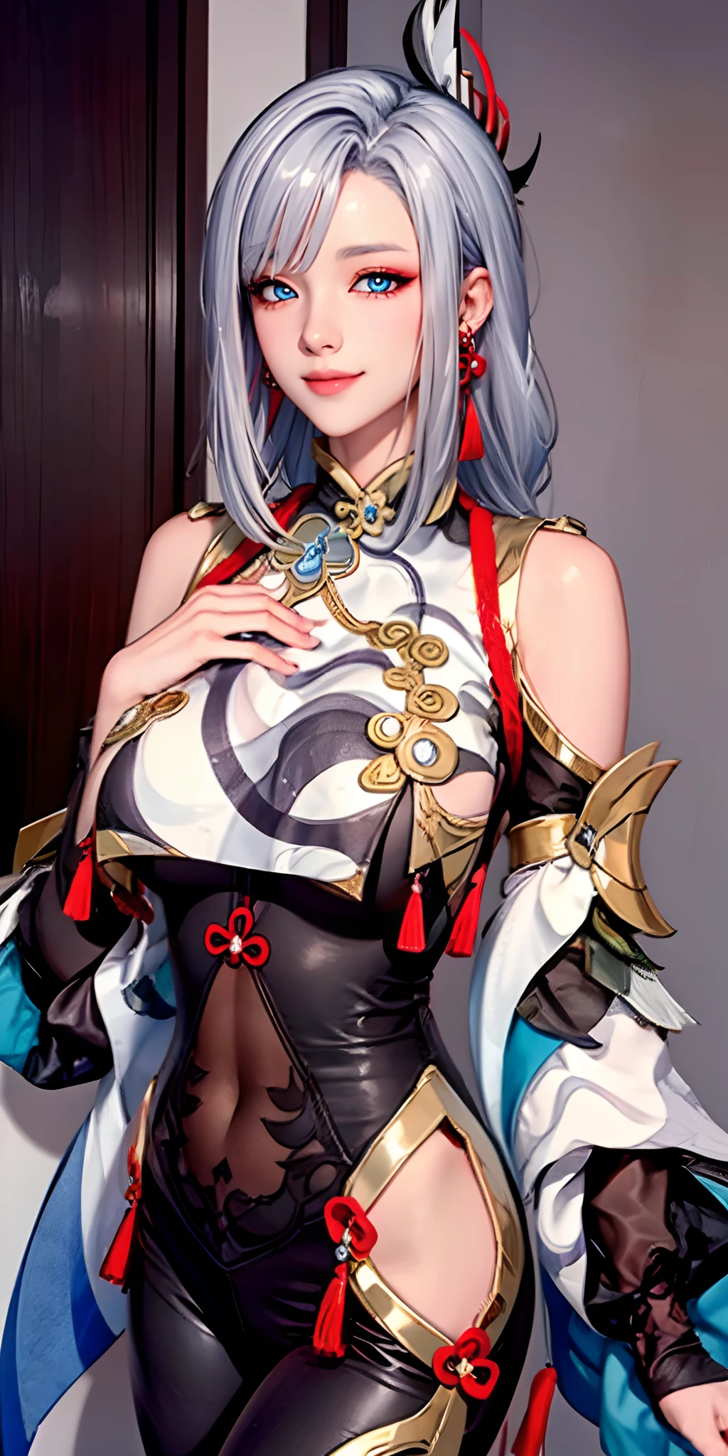 （（（shenhe_Genshin，hitman，Genshin Impact，Long_Hair, Blue_Eyes, bangs, Hair_polypubic hair_One_eye, Breasts, Hair_decorations, Large_Breasts, jewelry, Grey_Hair, White_Hair, nipple tassels, Earrings, Very_Long_Hair, Braid, breast enhancement_curtain）））,((Masterpiece)),A high resolution, ((Best quality))，tmasterpiece，top-quality，best qualityer，（（（ looking at viewert, There is light in the eyes））），（（（Light and shadow interlace，white skinned，huge boob，laughingly，self-assured））），（（（The Arafi woman smiled，Pull his hair back, Charming smile, Beautiful young Korean woman, Lovely woman, beautiful Korean women, beautiful and smiling, attractive and beautiful, cute seductive smile, Lovely smile, Gorgeous young Korean woman, with a seductive smile, Beautiful Asian girl, gorgeous chinese models, Seductive smile, Chinese girl））），