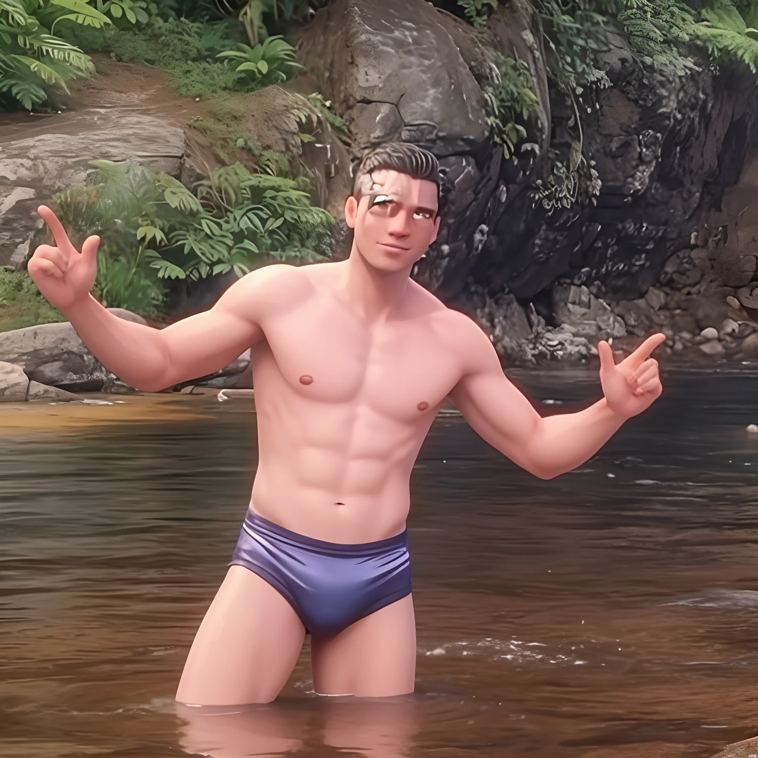 Jovem sarado na cachoeira