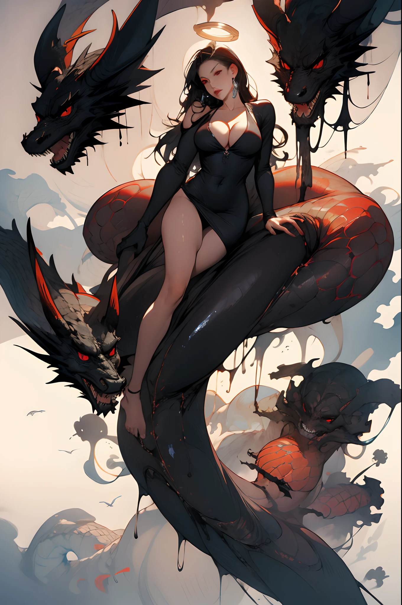 ((NSFW)),(gigantic cleavage breasts)),(Masterpiece, Best quality),((High resolution 4K)), 1lady, Solo, (White scales, Squamous bodies), Halo, Wings,Fallen Angel, Black hair, Loose waves, Red eyes, (Black Dragon, The art of Hermann Nitch, Zdzislaw Beksinski, Dariusz Zawaziki, Giger),Fully naked,Spread legs,exposed ,No bra,