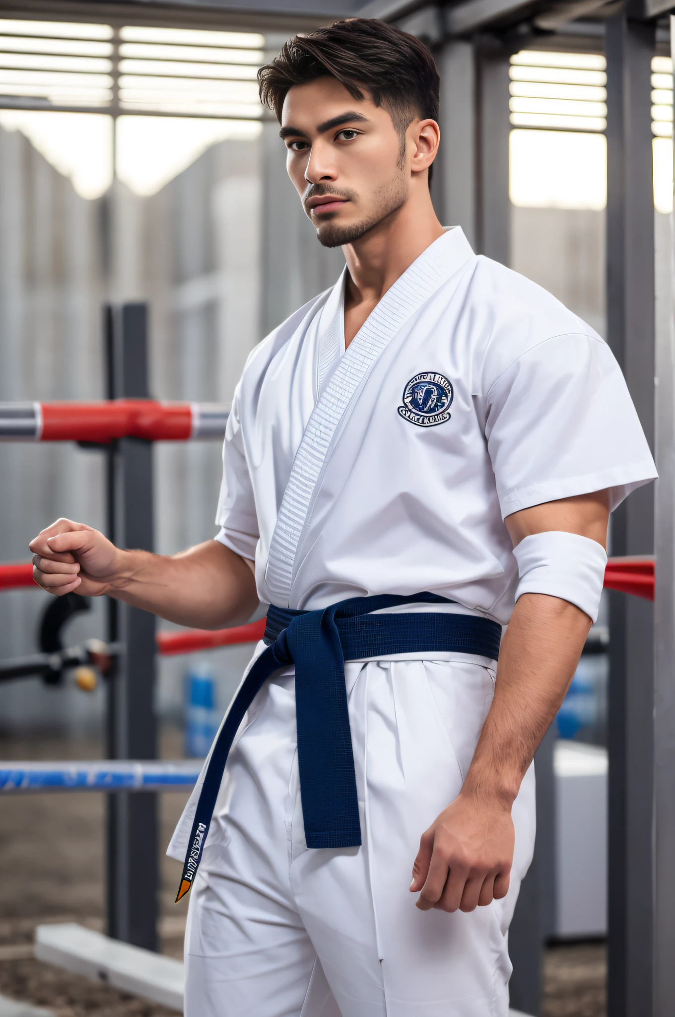 American Young white man of texas, 17 years old, military haircut, dark hair, intense blue eyes, intense gaze, affiliated features, no facial hair, cuello grueso height 1.93, weight 90 kg, muscular and athletic build, broad shoulders, V-shaped body, martial arts tattoos on right arm, Karate black belt, full body focus, completely hairless,