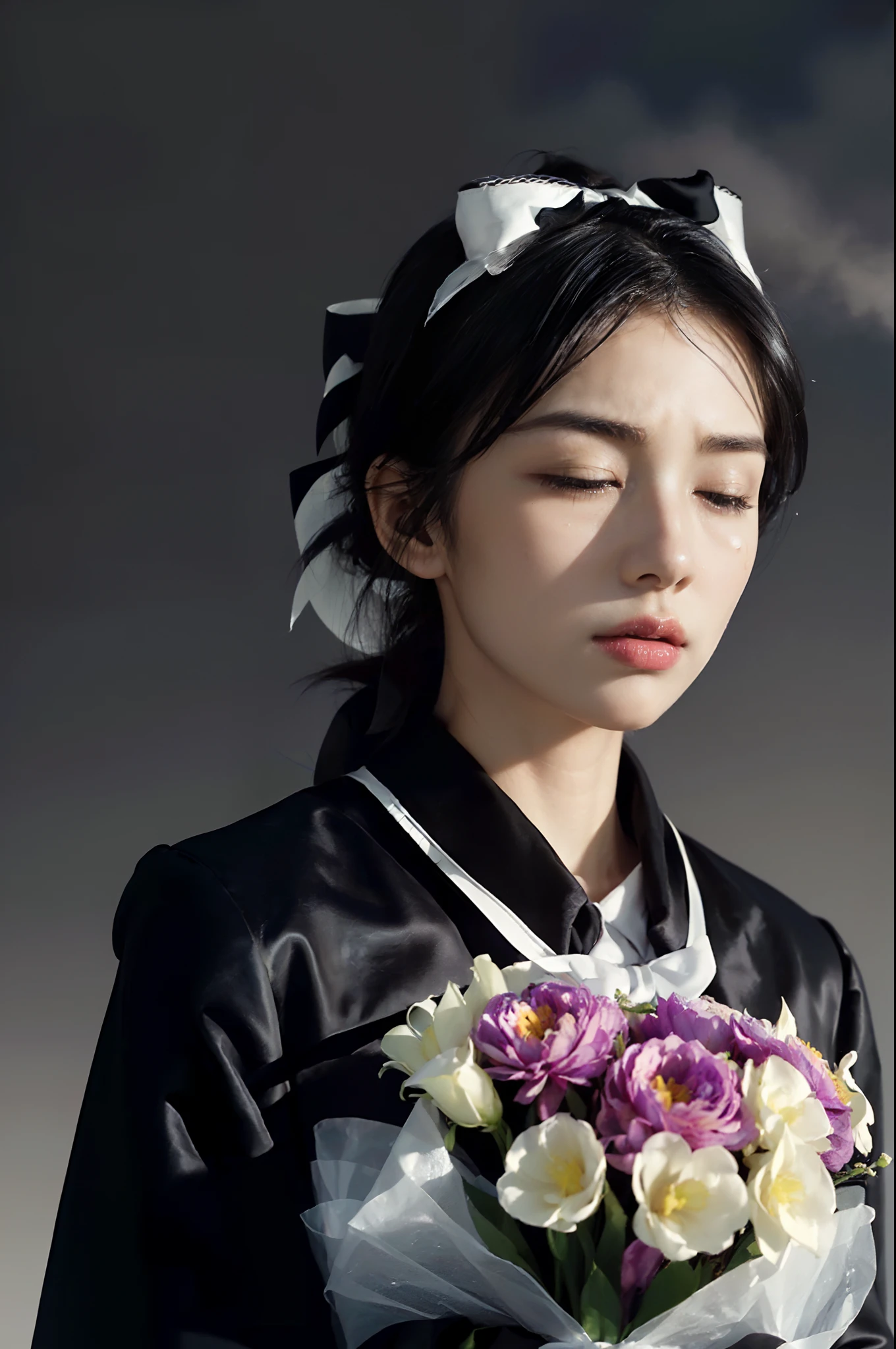 (shoulder length straight short hair: 1.2),(black hair:1.3),(Extremely meticulous CG 8k wallpaper），（Extremely refined and beautiful），（Masterpiece:2.0），（best qualtiy：2.0），（Ultra High Resolution：1.0），beautiful light up，Perfect lightning，realistic shaded，[A high resolution],(Smooth and flawless fair skin:1.5),Extremely exquisite facial details,(perfect body：1.1），ultra - detailed,A beautiful girl,small head,(very short ponytail:1.2),(Small breasts:1.1)，Flat chests，slim，thin,(Sad:1.3), (solemn:1.2),(Crying:1.2), (tears:1.3),(black coat:1.5),(white collared shirt),standing,Outdoor,(in a vast square:1.5),(Holding yellow and white flowers in arms:1.0),(dark cloudy day:1.3),Portrait photo,(close-up of upper body:1.3),sideview,from behind,(close eyes:1.2),(Bow head down:1.5),Devout silence
