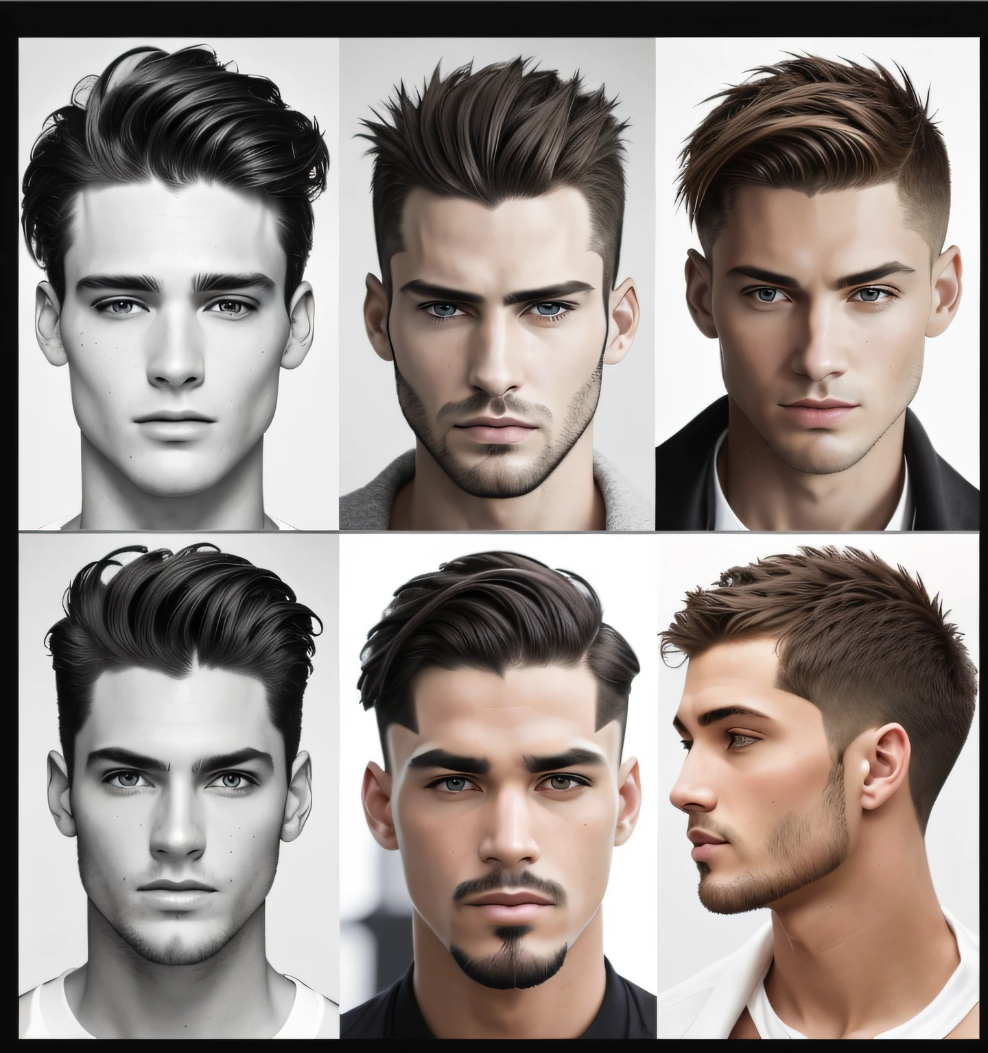 Close-up of different facial expressions on a man's face, collage of styles, redahair and attractive features, square masculine facial features, Handsome symmetrical face, Extremely sharp face, Great _ Hairstyles, masculine features, Diverse hairstyles, Attractive facial features, Sharp facial features, modern haircut, Different styles, perfect faces, Perfect cut, with same hairstyle