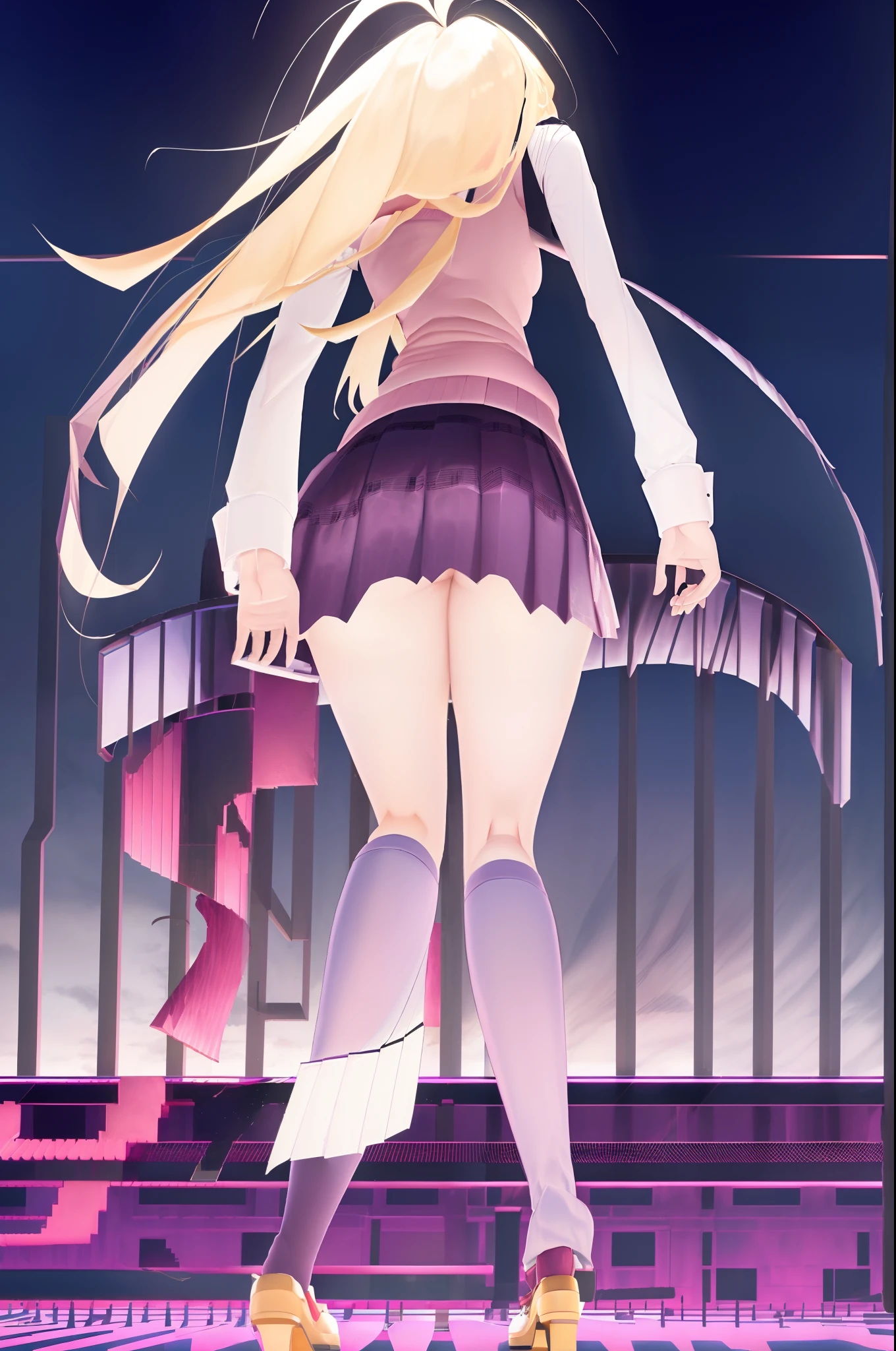 Masterpiece, Best Quality, KaedeDG, 1girl, necktie, sweater vest, breasts, shirt, long sleeves, solo, beamed eighth notes, white shirt, collared shirt, medium breasts, school uniform, angry, solo, (full body:1.5), (from behind:1.6), (from below:1.5), (butt:0.9), panties, heavy wind, (wind lift:1.5)