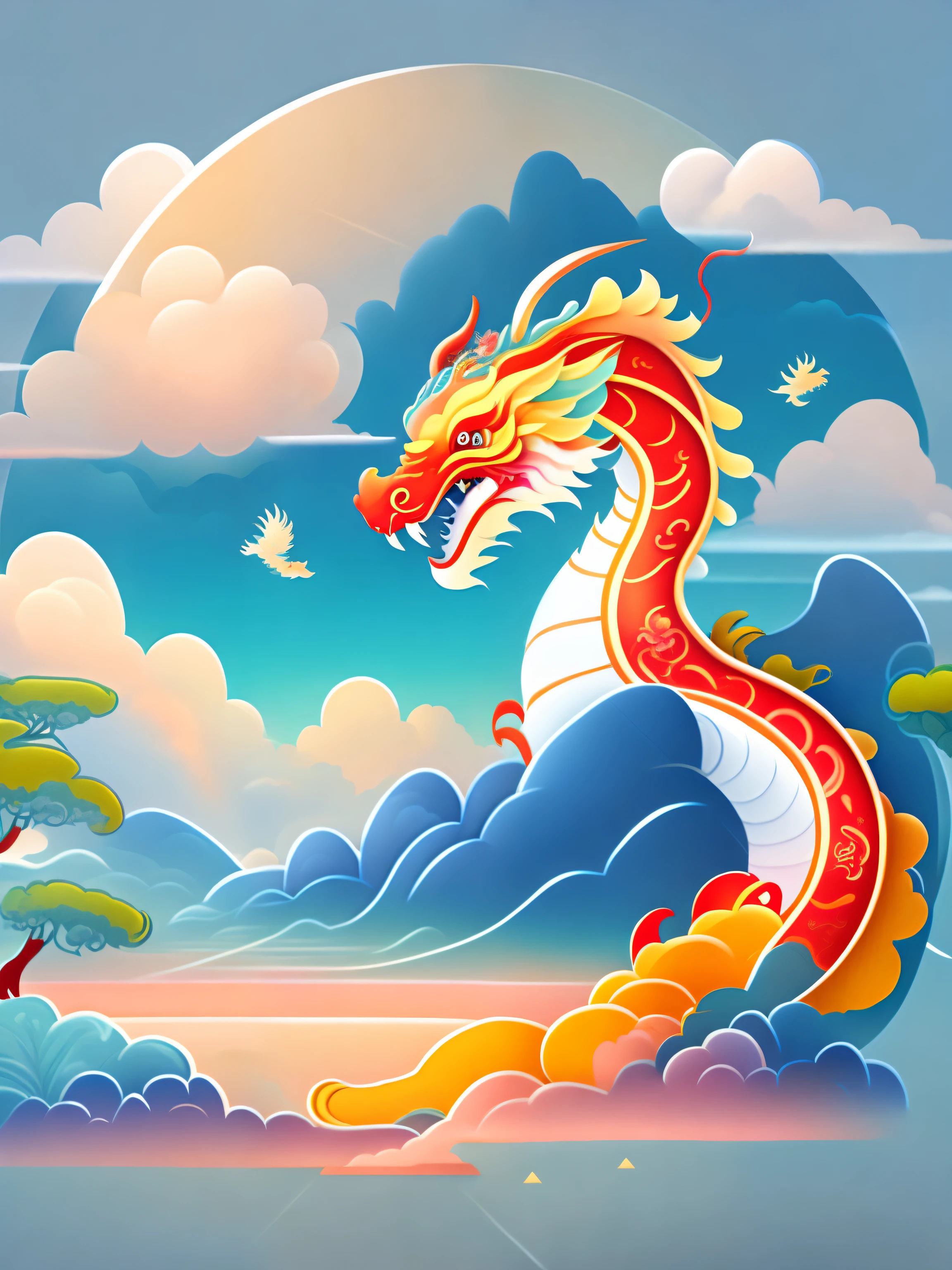 Chinese dragon in summer landscape,Auspicious clouds,T-shirt design,rzminjourney,vectorial art