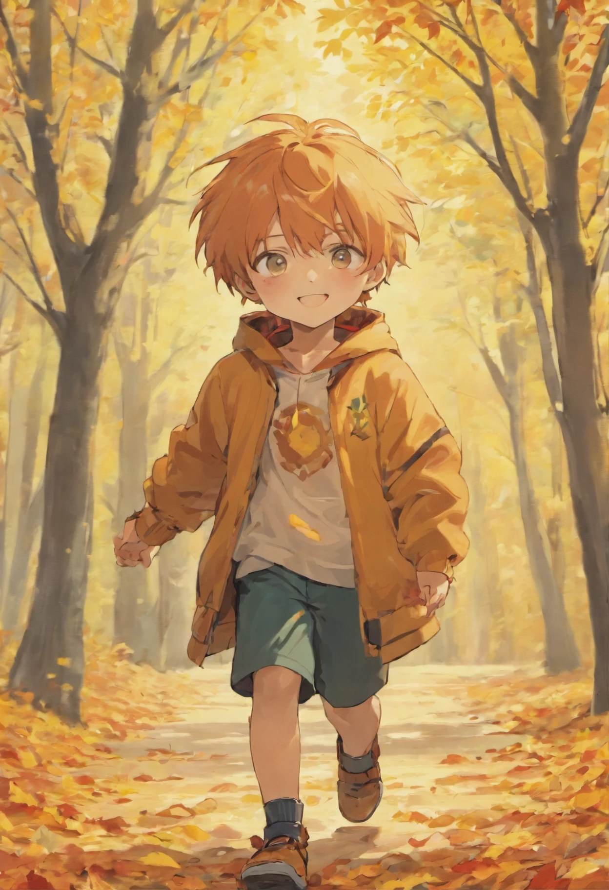 high-level image quality,Autumn foliage background,Male ,Collecting leaves,A big smile,supple feet