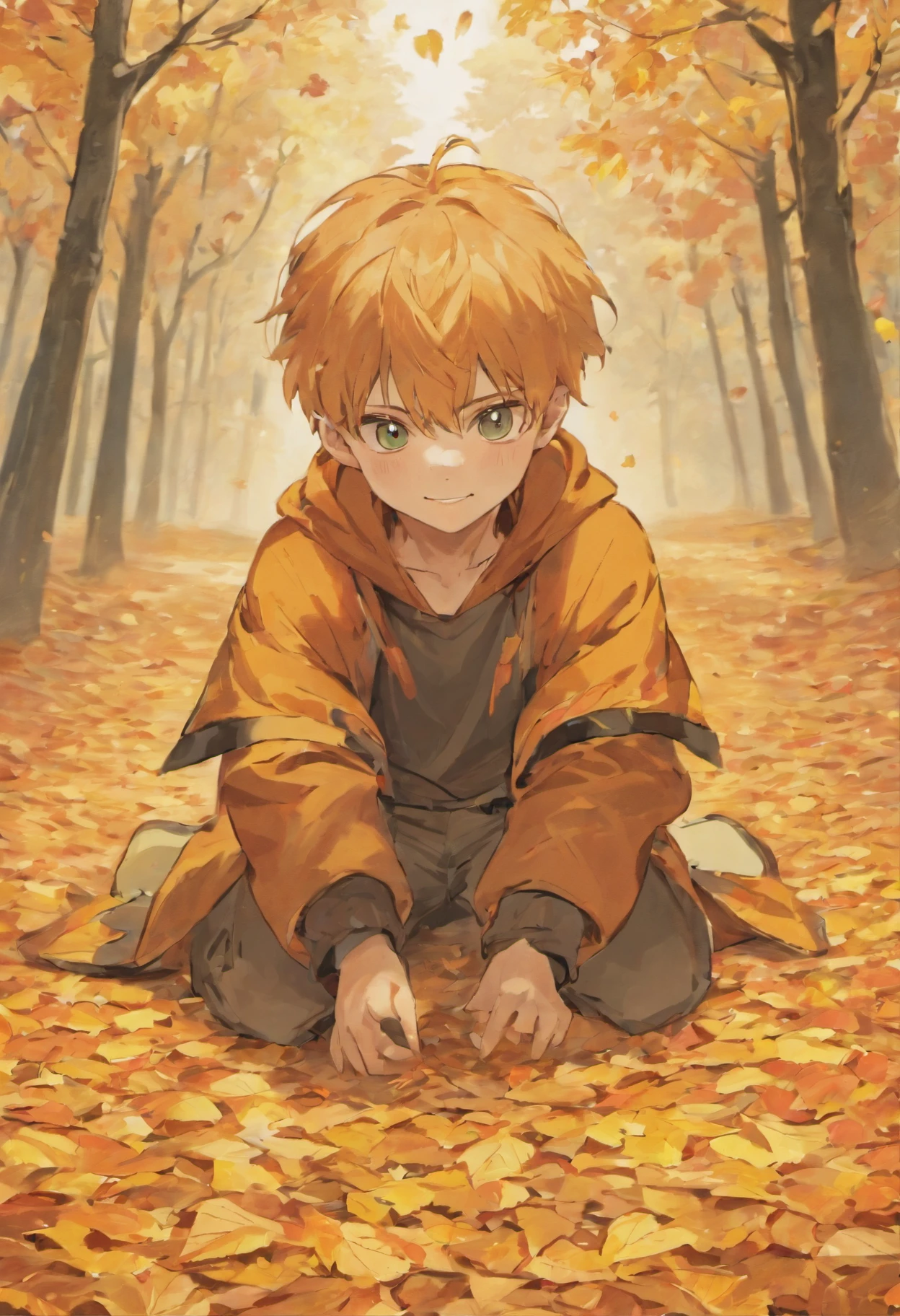 high-level image quality,Autumn foliage background,Male child,Collecting leaves,A big smile,supple feet