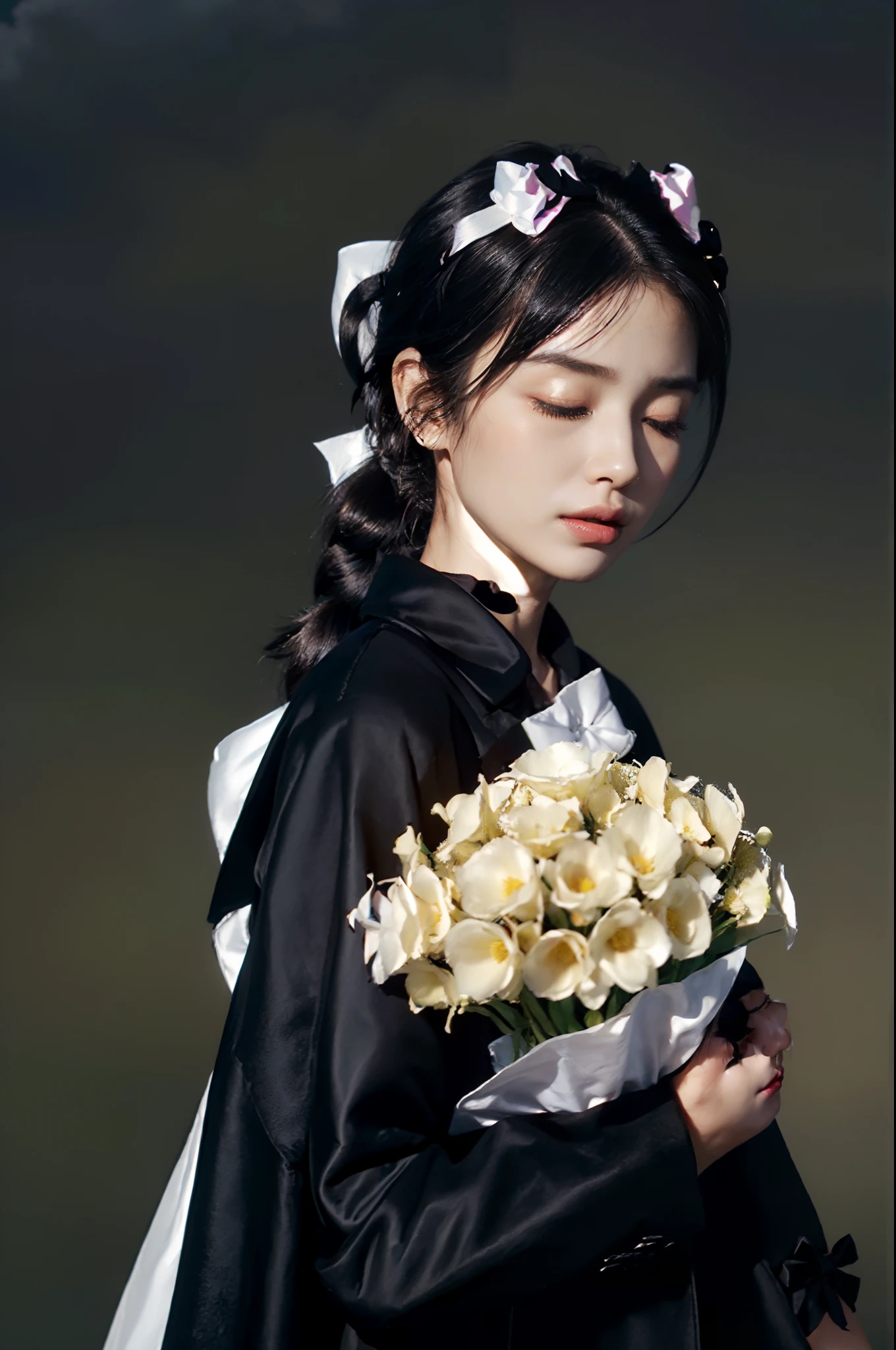 (shoulder length straight short hair: 1.2),(black hair:1.3),(Extremely meticulous CG 8k wallpaper），（Extremely refined and beautiful），（Masterpiece:2.0），（best qualtiy：2.0），（Ultra High Resolution：1.0），beautiful light up，Perfect lightning，realistic shaded，[A high resolution],(Smooth and flawless fair skin:1.5),Extremely exquisite facial details,(perfect body：1.1），ultra - detailed,A beautiful girl,small head,(very short ponytail:1.2),(Small breasts:1.1)，Flat chests，slim，thin,(Sad:1.3), (solemn:1.2),(Crying:1.2), (tears:1.3),(black coat:1.5),(white collared shirt),standing,Outdoor,(in a vast square:1.5),(Holding yellow and white flowers in arms:1.0),(dark cloudy day:1.3),Portrait photo,(close-up of upper body:1.3),sideview,from behind,(close eyes:1.2),(Bow head down:1.5),Devout silence