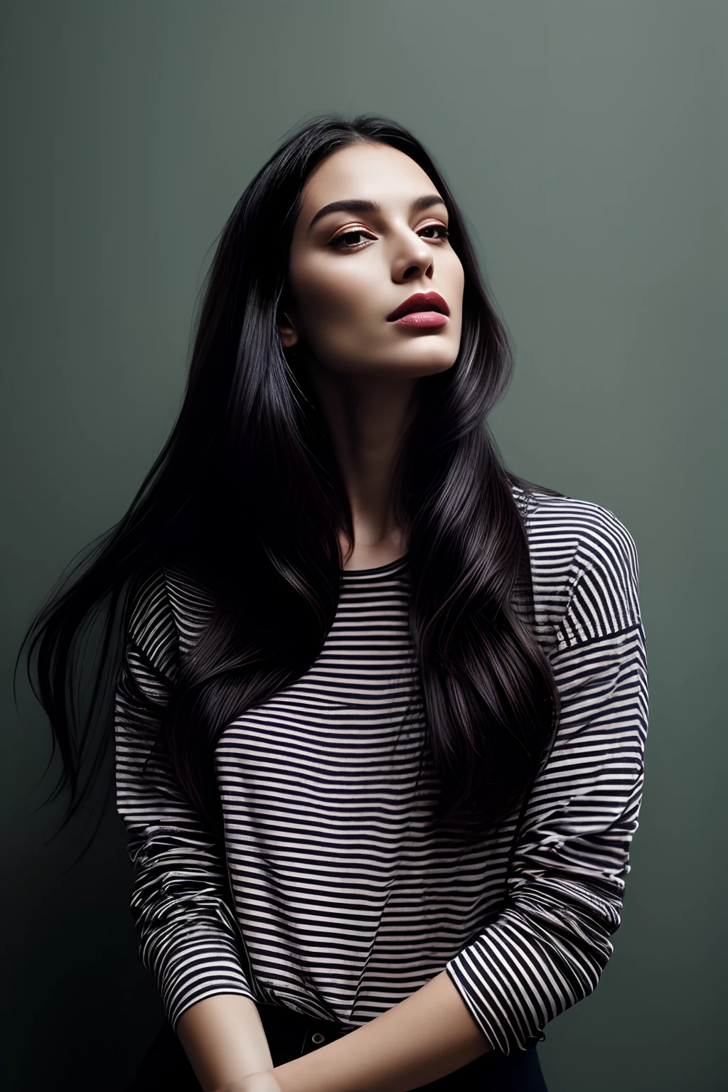 a woman with long hair wearing a striped shirt, a portrait by Isabel Naftel, trending on pinterest, bauhaus, minimalist, angular, ornate