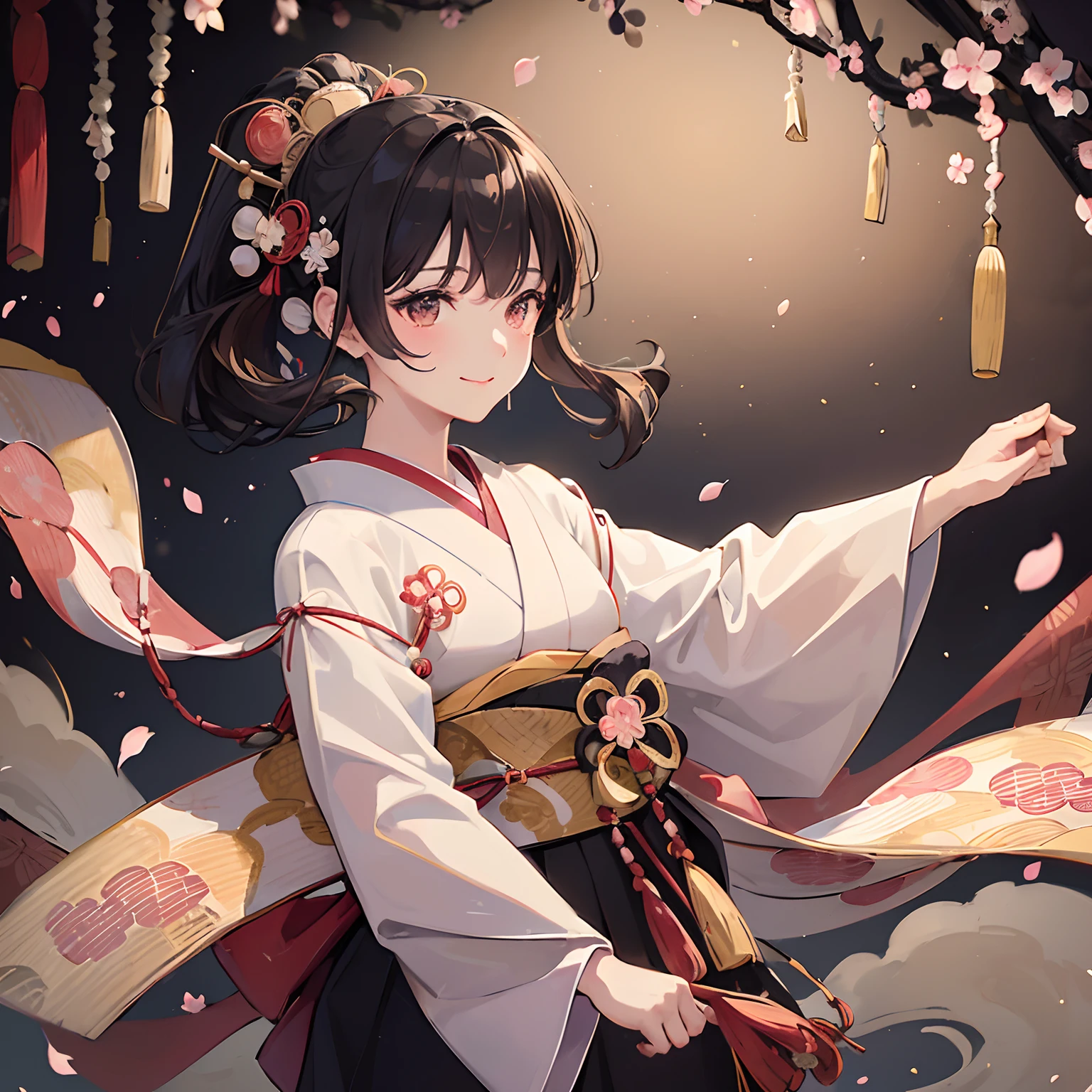 masterpiece, (Japanese-traditional-pattern-background:1.5), clouds, waves, circles, squares, cherry-blossoms, plum-blossoms, (Taisho-era:1.4), 1woman, smile, (flower-pattern-Kimono:1.1), 1920s woman in plain black-hakama and white-kimono with traditional Japanese patterns, (brown-eyes:1.1), brown patchy eyes that sparkle and shimmer like jewels in the light, (black-hair:1.1), (pony-tail:1.1), black hair in a ponytail pulled together with a traditional Japanese hair ornament, (floating-petals:1.1), glowing-petals, (glowing-lights:1.1), a fantastic background of dancing light particles and petals, (dutch-angle:1.1), upper-body, (cowboy-shot:1.3),