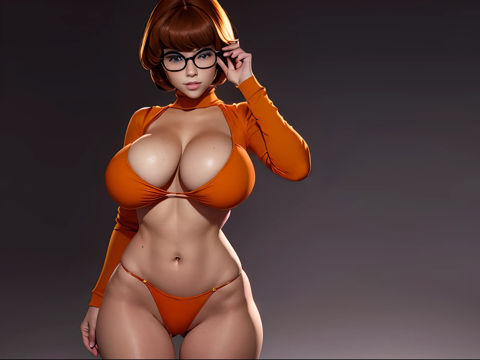 (((velma dinkley)))8k,pawg((scooby doo))(((Amazing tits)))caliente, hermosa,((Hornie)),(((sueter naranja)))((tiene lentes)))8k, hiperrealista todo como un motor irreal trazado de rayos render ((estilo humano hiperealista)),(((Empty dark background))). hiperrealista todo como un motor irreal trazado de rayos render estilo humano realista ,(((Empty dark background)))., Suavemente iluminado, Intimo exquisito detalle, foco nítido, intrincadamente detallado, rewarded photography, small-catchlight, bajo contraste, alta nitidez, facial-symmetry, profundidad de campo, cinematic background, Renderizado del motor irreal, Imagen central, dream-like, Suavemente iluminado, intimo, imagen de cuerpo completo ,cuerpo completo,((tetona)),((piernas torneadas)) perfect ass ecchi, hdri