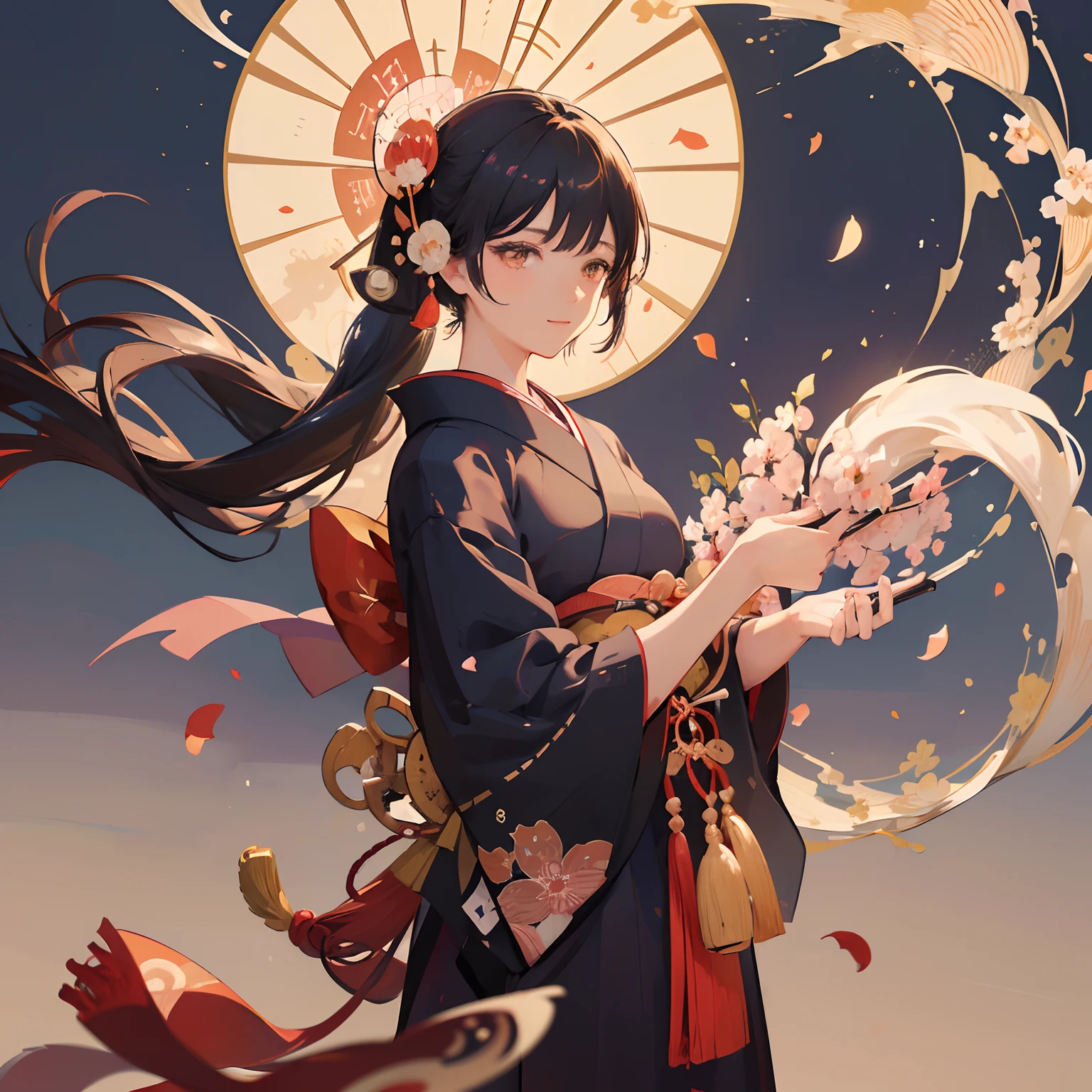masterpiece, (Japanese-traditional-pattern-background:1.5), clouds, waves, circles, squares, cherry-blossoms, plum-blossoms, (Taisho-era:1.4), 1woman, smile, (flower-pattern-Kimono:1.1), 1920s woman in plain black-hakama and white-kimono with traditional Japanese patterns, (brown-eyes:1.1), brown patchy eyes that sparkle and shimmer like jewels in the light, (black-hair:1.1), (pony-tail:1.1), black hair in a ponytail pulled together with a traditional Japanese hair ornament, (floating-petals:1.1), glowing-petals, (glowing-lights:1.1), a fantastic background of dancing light particles and petals, (dutch-angle:1.1), upper-body, (cowboy-shot:1.3),
