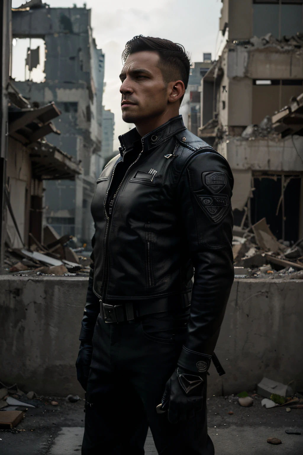 "(Best quality,4K,8K,highr,Master parts:1.2),ultra - detailed,(Realistic,Fotorrealista,photo-realistic:1.37),sportrait,Semi-stylized,hight contrast,bravery,front portrait,single body,dark ambiance,the Punisher,Skull logo,full bodyesbian,The boy stands,Focused eyes,determined expression,fit physique,armure,Black leather jacket,bulletproof vest,Combat boots,Armed with twin pistols,Tactical gloves,Demolition of the background of the ruins of the city,smoke and debris,The light from the back window is backlighted,Use a single spotlight,Dramatic lighting"
