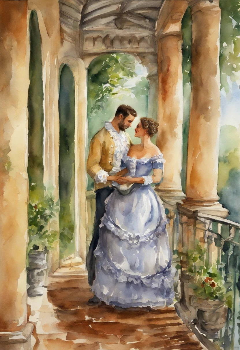 A couple in each other's arms on a veranda, painting in the style of the Rococo.