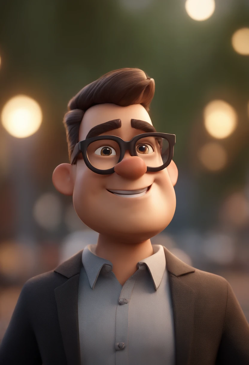 Cartoon character of a man wearing black glasses,e barba curta e uma camisa preta,who works with photographer, um personagem animado, Caractere estilizado, animation style rendering, 3D estilizado, Arnold Maya render, 3 d render stylized, toon render keyshot, Personagem 3D, Personagem 3D, 3d rendering stylized, 3 d character render, personagem de desenho animado, Personagem de close up, Pose de personagem, (Estilo Pixar) (master part:1.2) (Bokeh) (best quality) (pele detalhada) (textura detalhada) (8k) (argila) (Cinematic lighting) (foco nítido,Senta e vaza a parte superior do corpo
