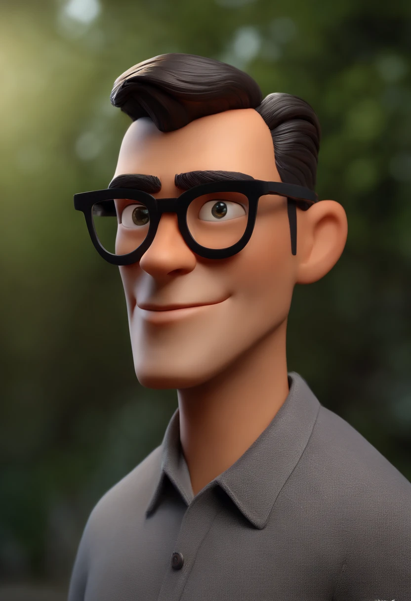 Cartoon character of a man wearing black glasses,e barba curta e uma camisa preta,who works with photographer, um personagem animado, Caractere estilizado, animation style rendering, 3D estilizado, Arnold Maya render, 3 d render stylized, toon render keyshot, Personagem 3D, Personagem 3D, 3d rendering stylized, 3 d character render, personagem de desenho animado, Personagem de close up, Pose de personagem, (Estilo Pixar) (master part:1.2) (Bokeh) (best quality) (pele detalhada) (textura detalhada) (8k) (argila) (Cinematic lighting) (foco nítido,Senta e vaza a parte superior do corpo