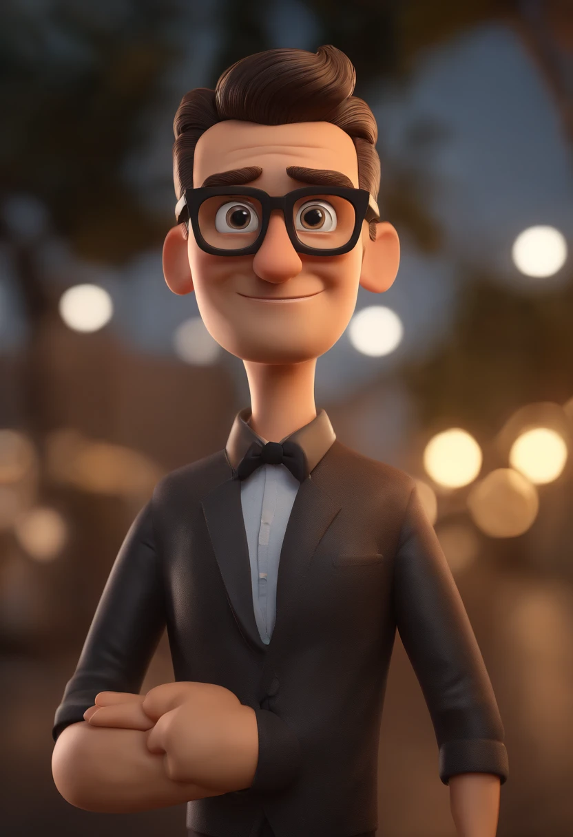 Cartoon character of a man wearing black glasses,e barba curta e uma camisa preta,who works with photographer, um personagem animado, Caractere estilizado, animation style rendering, 3D estilizado, Arnold Maya render, 3 d render stylized, toon render keyshot, Personagem 3D, Personagem 3D, 3d rendering stylized, 3 d character render, personagem de desenho animado, Personagem de close up, Pose de personagem, (Estilo Pixar) (master part:1.2) (Bokeh) (best quality) (pele detalhada) (textura detalhada) (8k) (argila) (Cinematic lighting) (foco nítido，Senta e vaza a parte superior do corpo