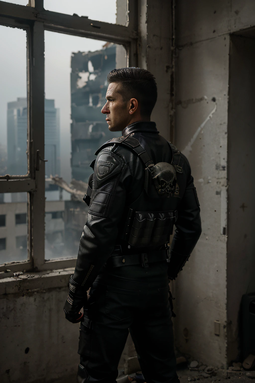 "(Best quality,4K,8K,highr,Master parts:1.2),ultra - detailed,(Realistic,Fotorrealista,photo-realistic:1.37),sportrait,Semi-stylized,hight contrast,bravery,single body,dark ambiance,,the Punisher,Skull logo,full bodyesbian,The boy stands,Focused eyes,determined expression,fit physique,armure,Black leather jacket,bulletproof vest,Combat boots,Armed with twin pistols,Tactical gloves,Background of the demolition of the ruins of the city,smoke and debris,The light from the back window is backlighted，Use a single spotlight,Dramatic lighting"