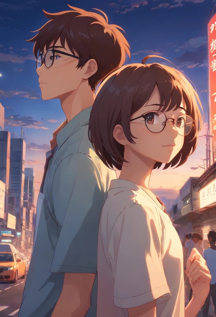African boy with cut hair, brownhead girl wearing glasses