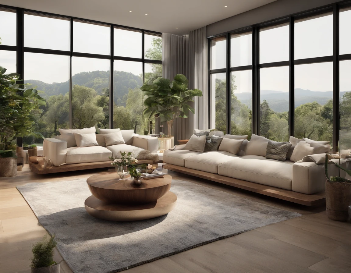 Huge comfortable living room and view of kitchen with island, (((Best quality))), (((Ultra detailed))), (((Masterpiece))), Large wooden windows with natural light, Beige sofa, Wooden table, Vase plants, modern minimalistic design, Ultra photo realsisim, Masterpiece, Highly detailed, Digital painting, Best quality, A high resolution, detailed work, Post-processing, Creative studio, Promotional architectural photos