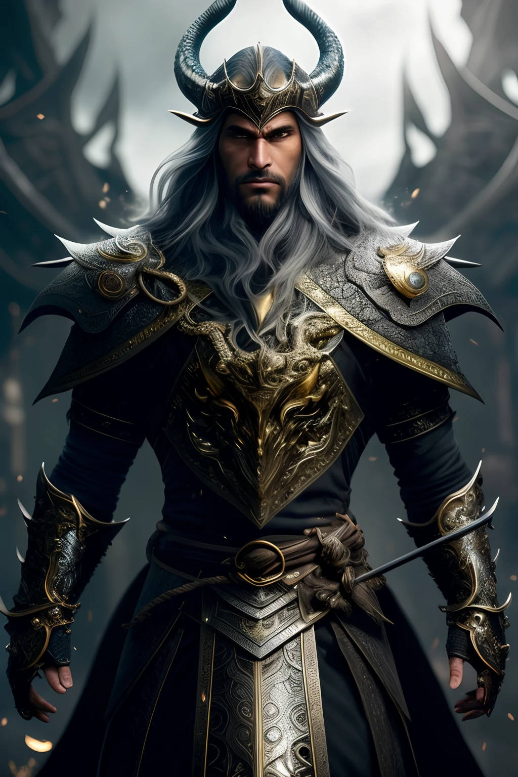 A (corpo inteiro: 1.3) Shot in 8K resolution, obra-prima de melhor qualidade, fotorrealista, visual intenso, anatomical photorealistic digital painting portrait of a (homem , guerreiro humano musculoso: 1.3) em (Intricate light armor in blue dragon scale: 1.3) em a (mystical dark biomechanical environment: 1.3), pelos faciais,  light particle, pele muito detalhada, samurai segurando uma katana dourada, olhos muito detalhados, (estilo Elden Ring: 1.3),  cabelos escuros, (estilo de armadura do rei : 1.1), artista conceitual, global ilumination, profundidade de campo, splash art