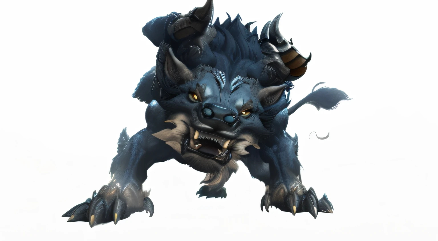 Close-up of a monster with a big head and a big mouth, a minotaur wolf
