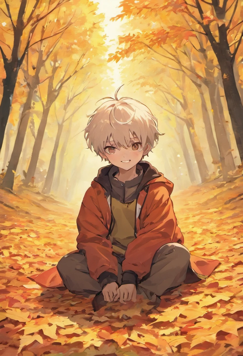 high-level image quality,Best Quality,Autumn foliage background,Male child,Beautiful Boys,white  hair,Collecting fallen leaves,A big smile,supple feet,