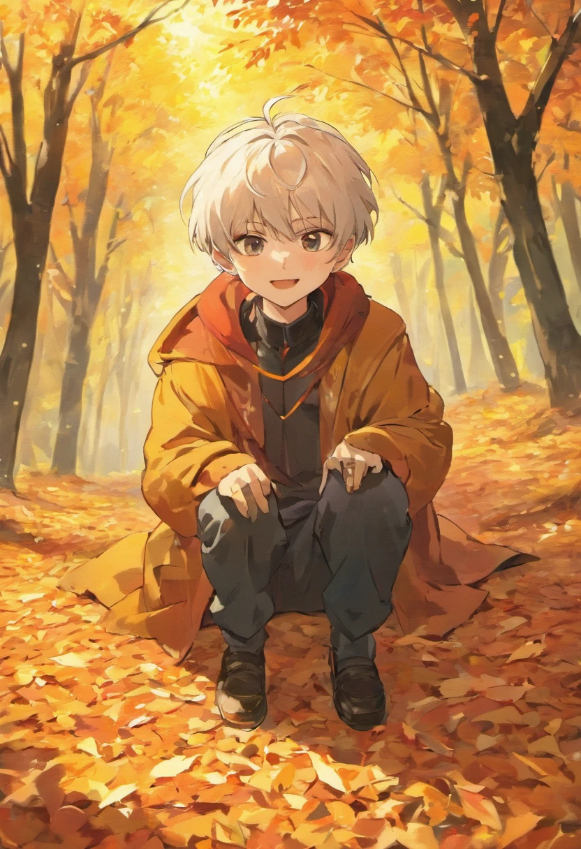 high-level image quality,Best Quality,Autumn foliage background,Male child,Beautiful Boys,white hair,Collecting fallen leaves,A big smile,supple feet,