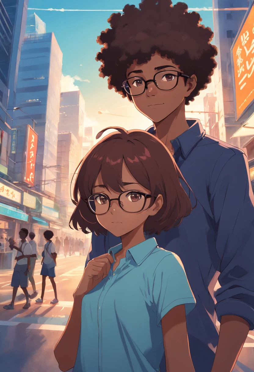African boy with Afro hair, brownhead girl wearing glasses